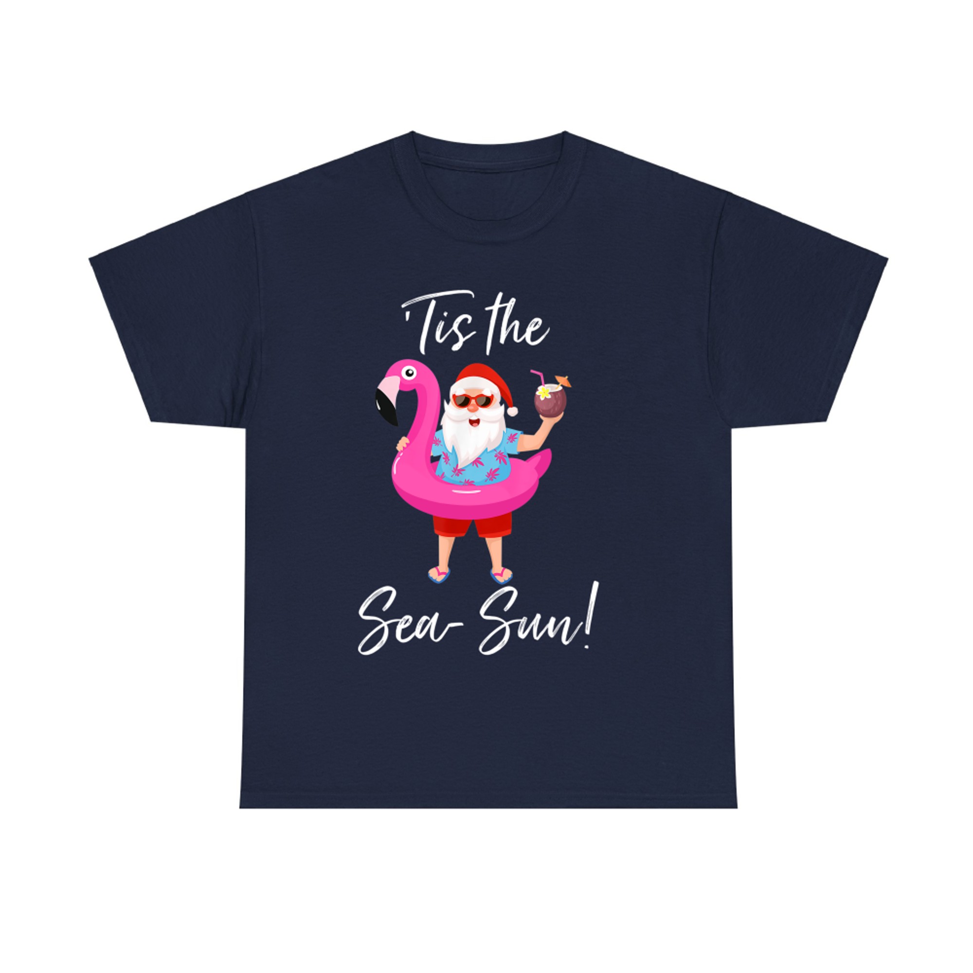 Santa Claus Flamingo Float Tis the Sea-Sun Christmas in July T-Shirt