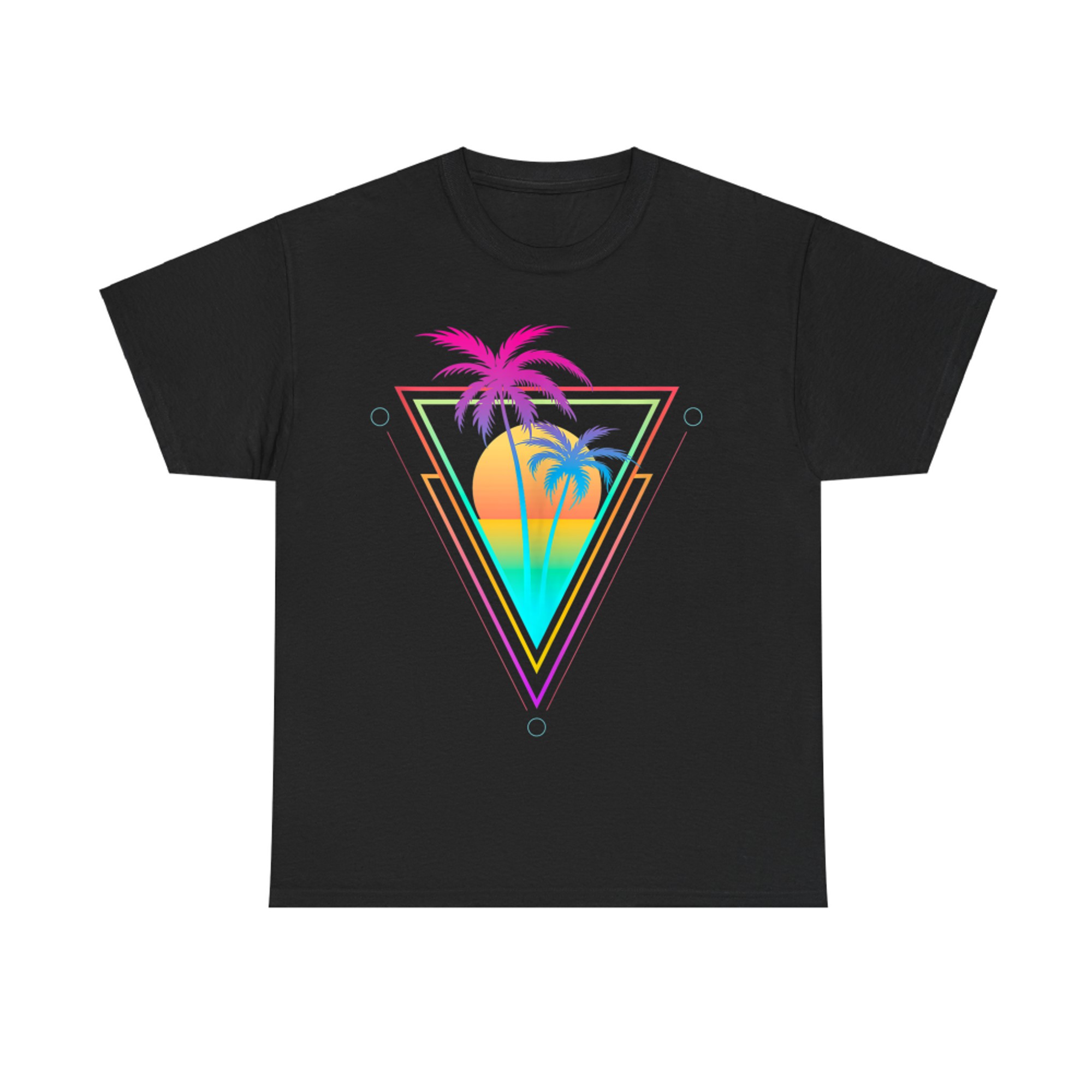 Retro 1980s 1990s Vaporwave Palm Trees Sunset Beach Surf Art T-Shirt