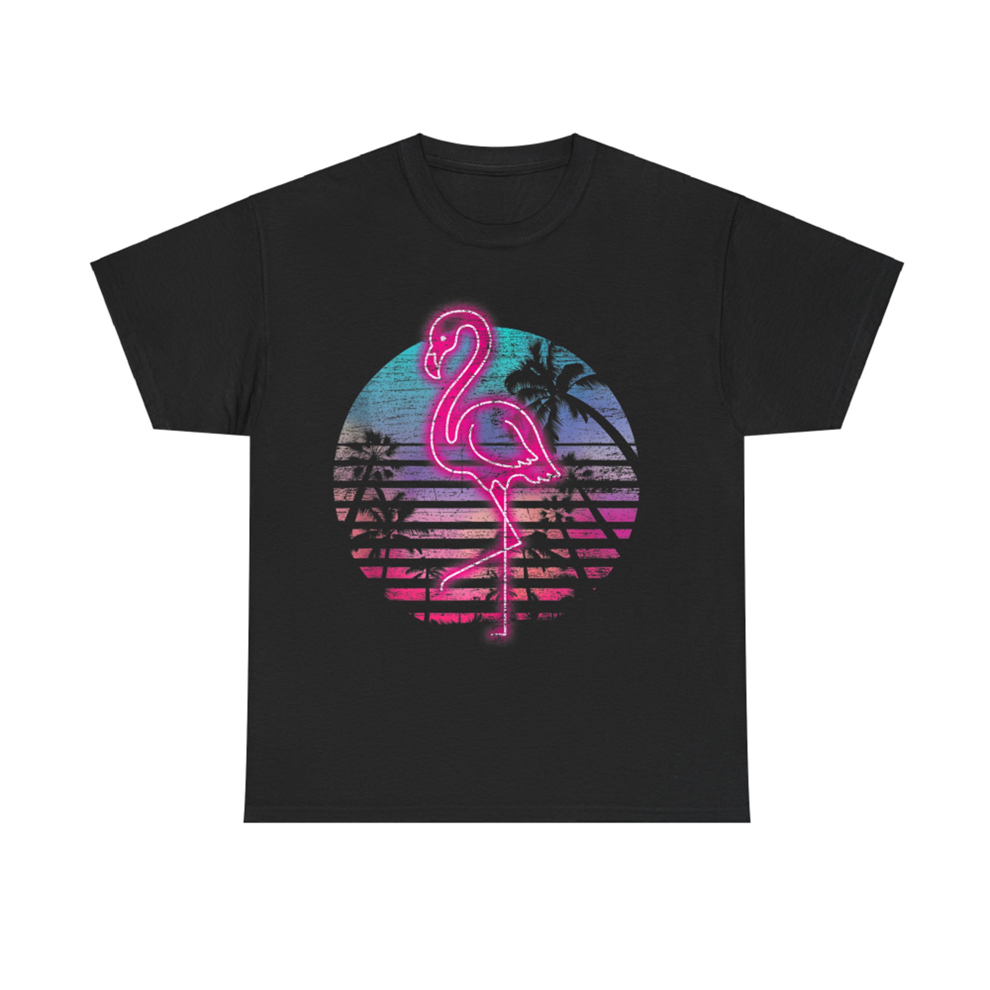 Retro Neon Flamingo 80s Synthwave Tropical Sunset Design T-Shirt