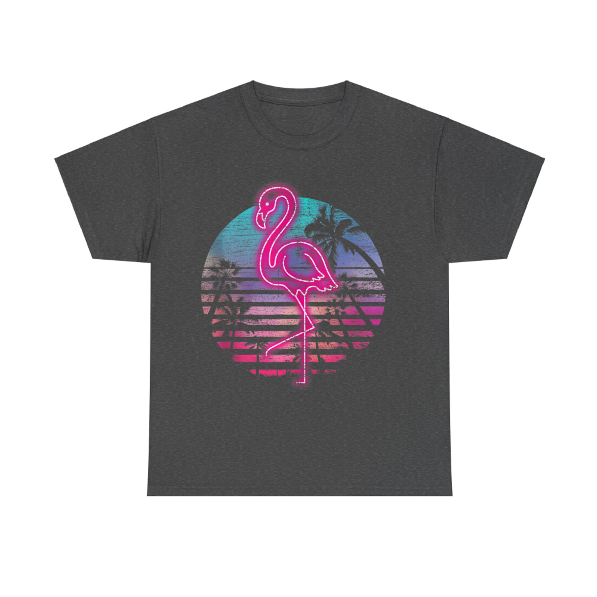 Retro Neon Flamingo 80s Synthwave Tropical Sunset Design T-Shirt
