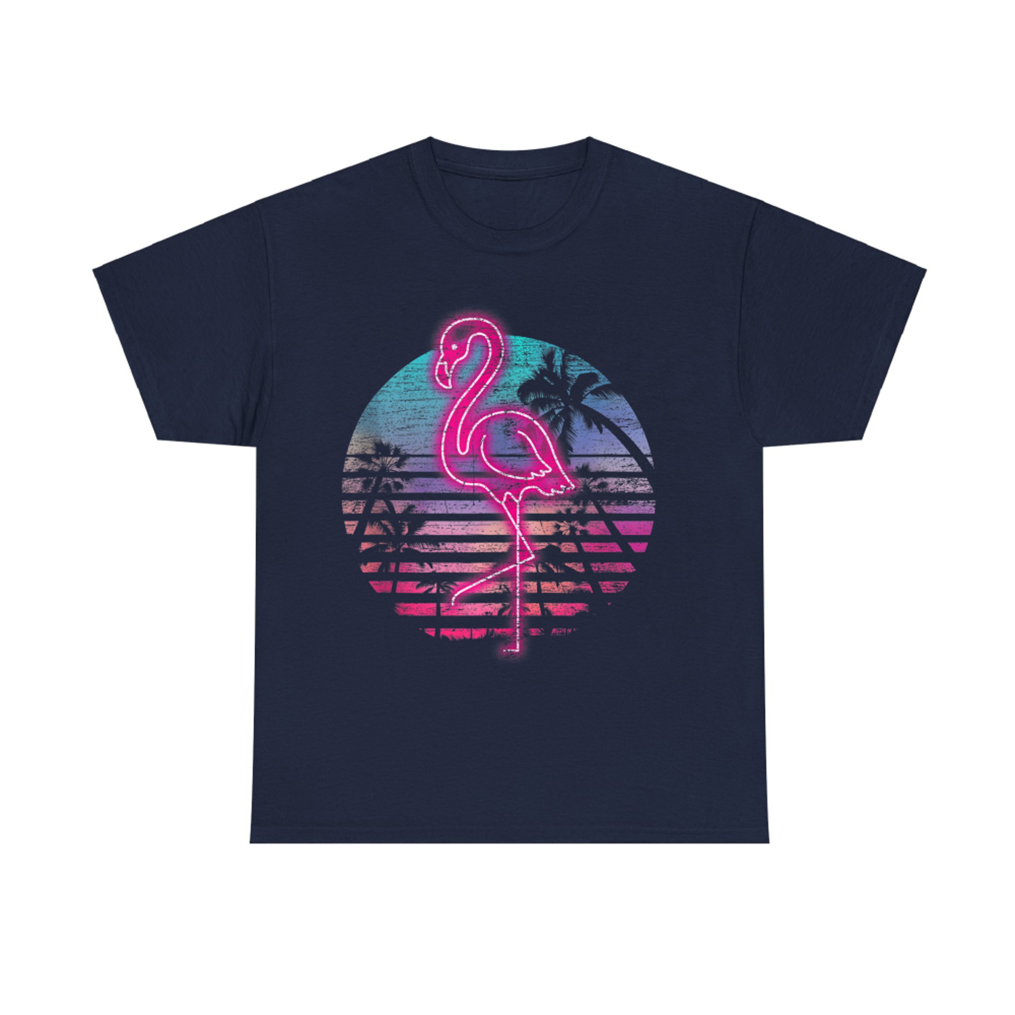 Retro Neon Flamingo 80s Synthwave Tropical Sunset Design T-Shirt