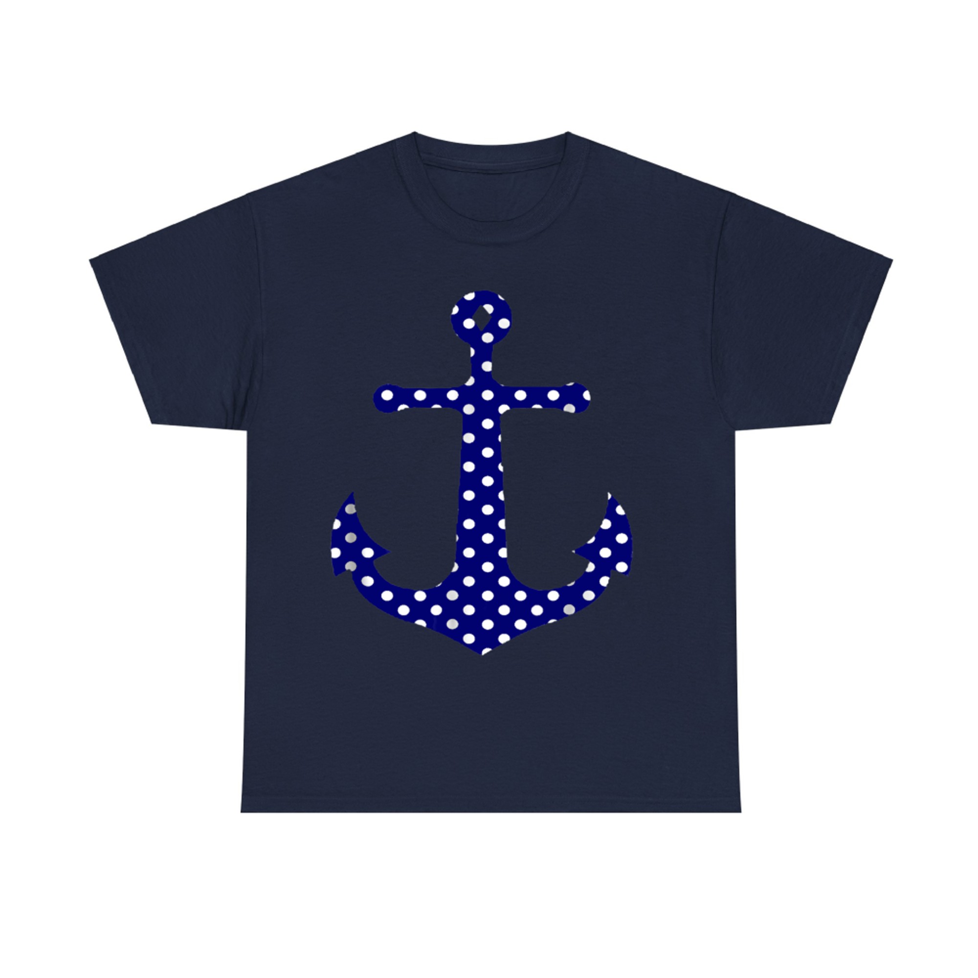 Navy Blue Preppy Polka Dot Anchor Sailing Beach T-Shirt
