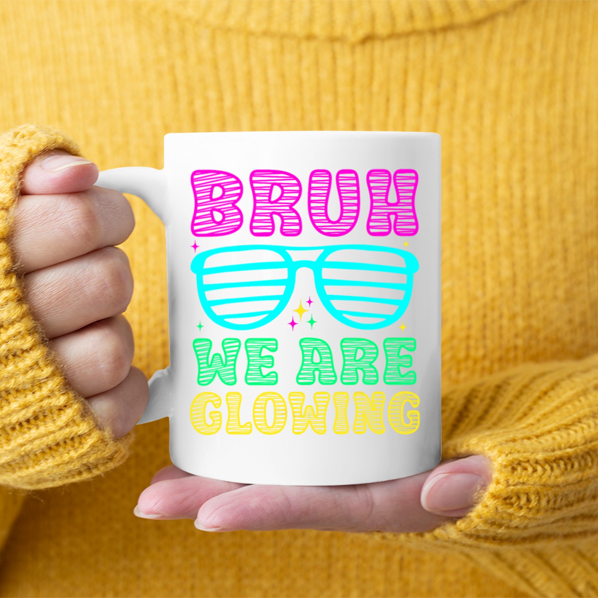 Bruh We Are Glowing Hello Summer Vacation Trips Neon Sunglasses Design Mug
