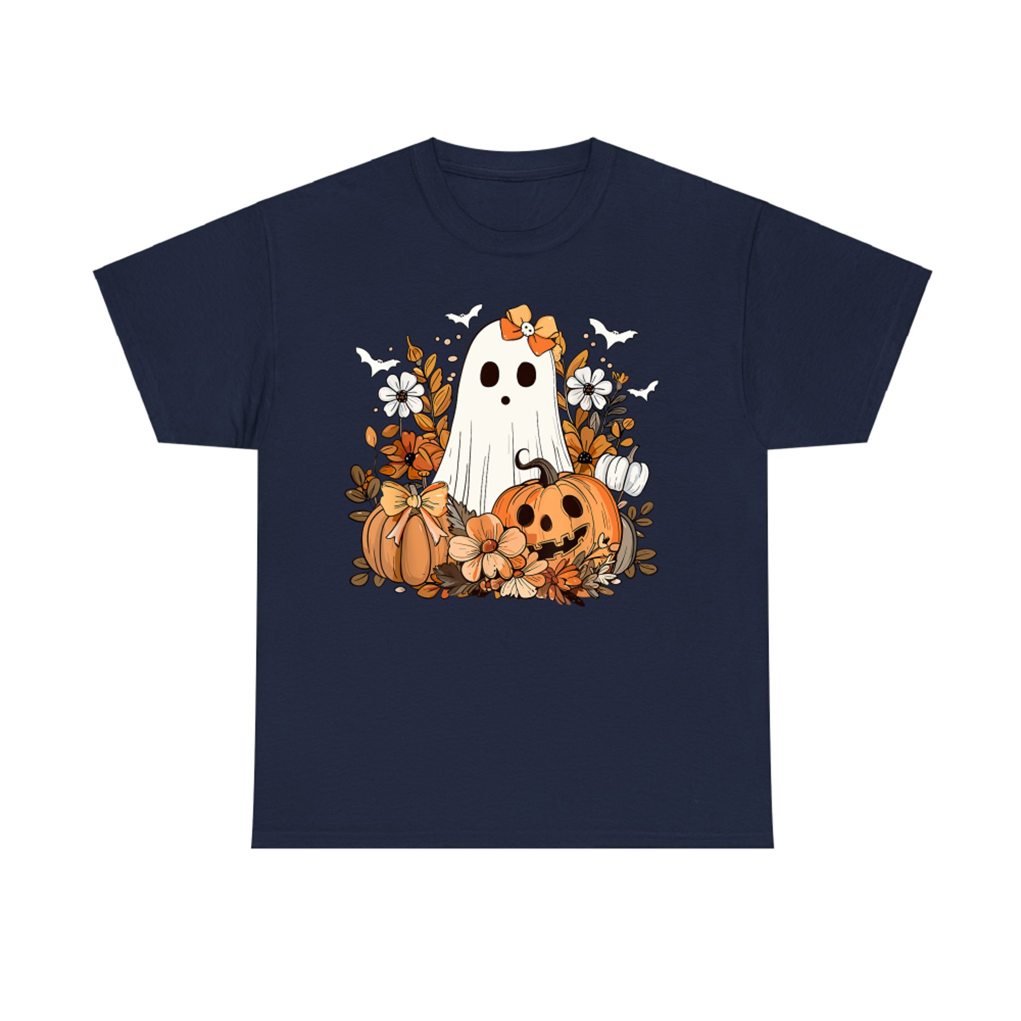 Retro Floral Ghost Cute Pumpkin Autumn Halloween T-Shirt