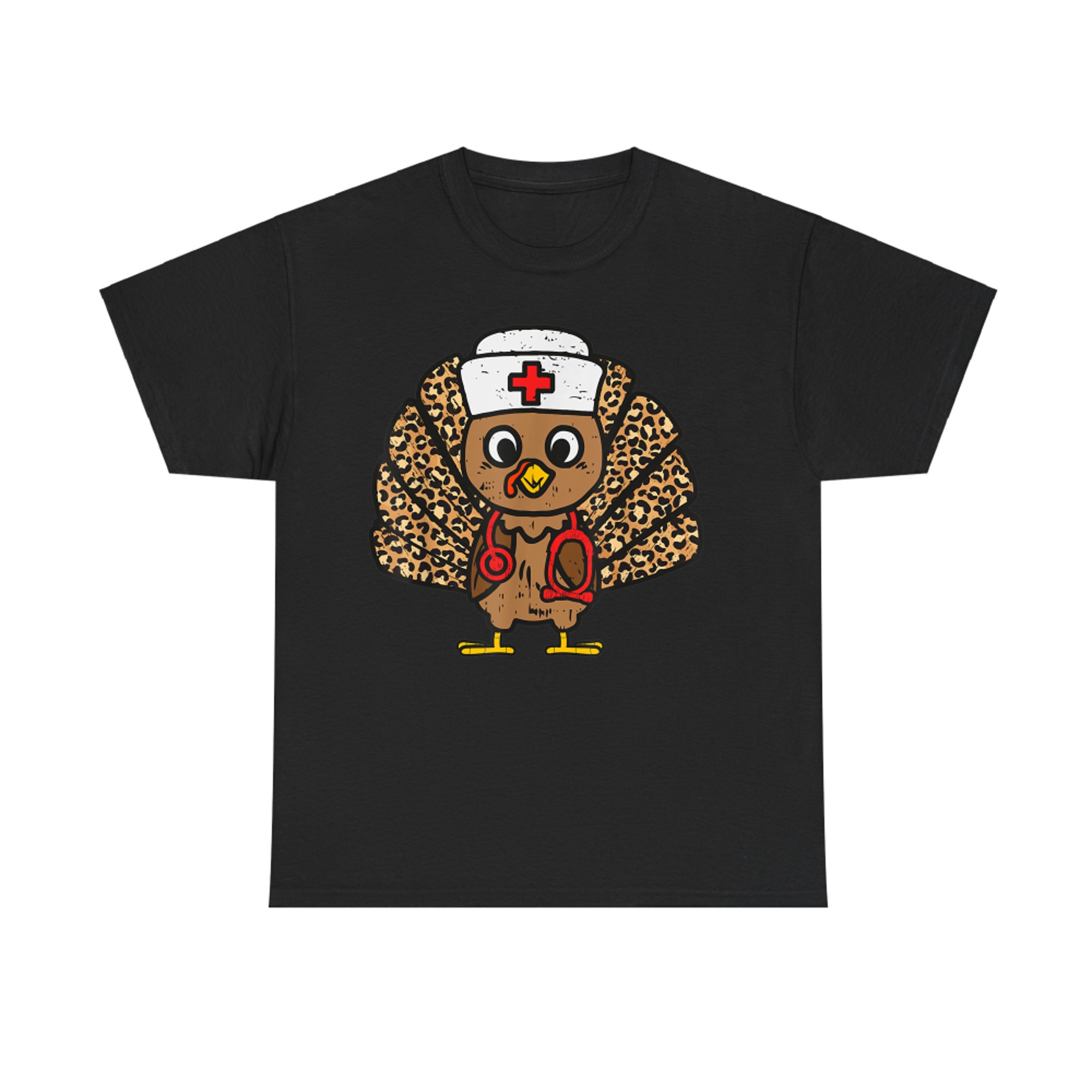 Leopard Print Nurse Turkey with Stethoscope Funny Thanksgiving T-Shirt