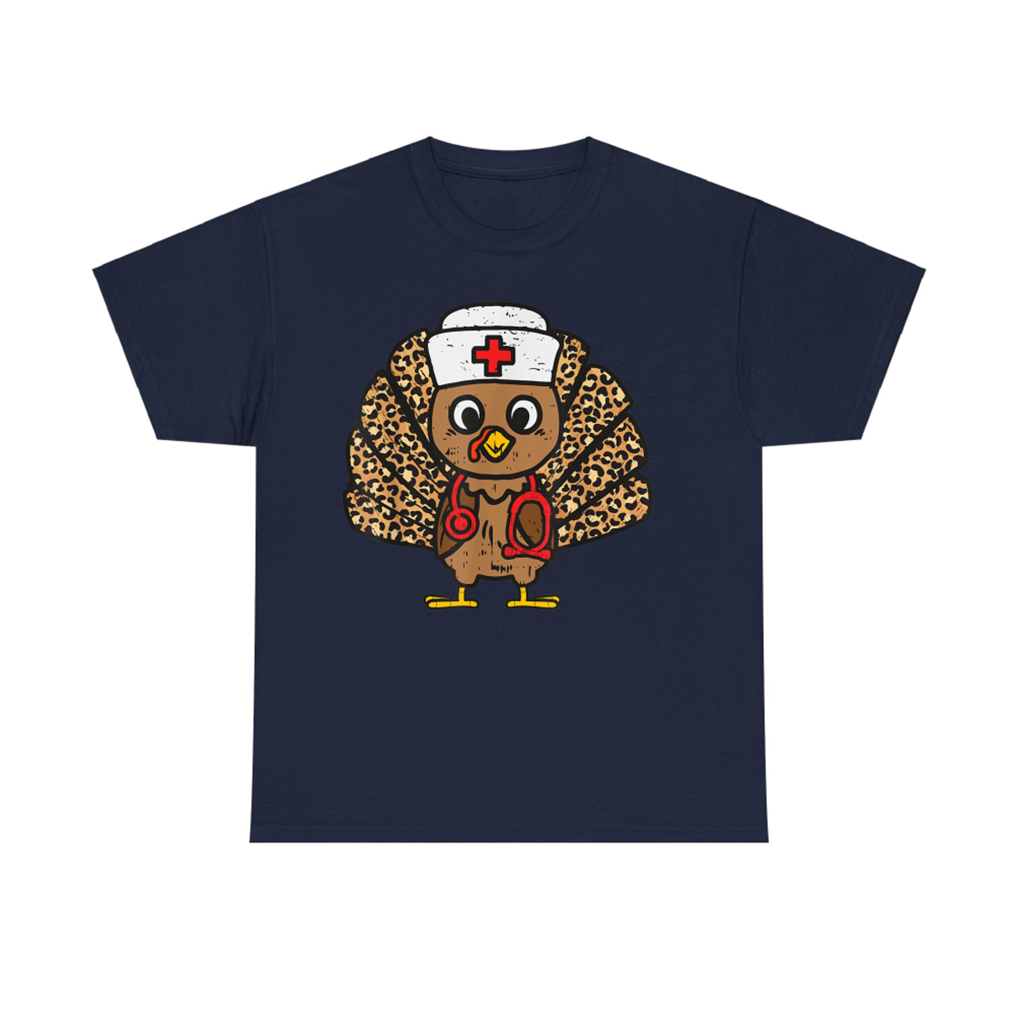 Leopard Print Nurse Turkey with Stethoscope Funny Thanksgiving T-Shirt