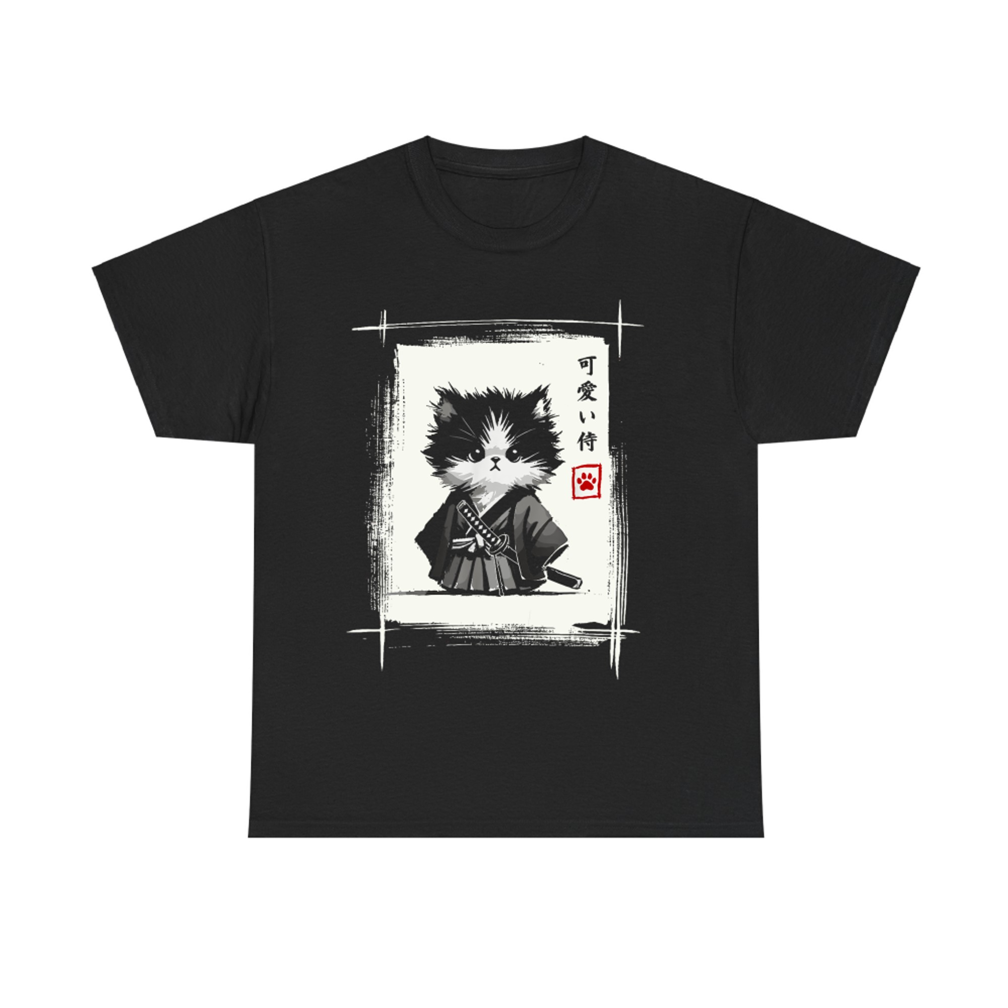 Samurai Cat Japanese Sumi-e Kawaii Cat Katana Art T-Shirt