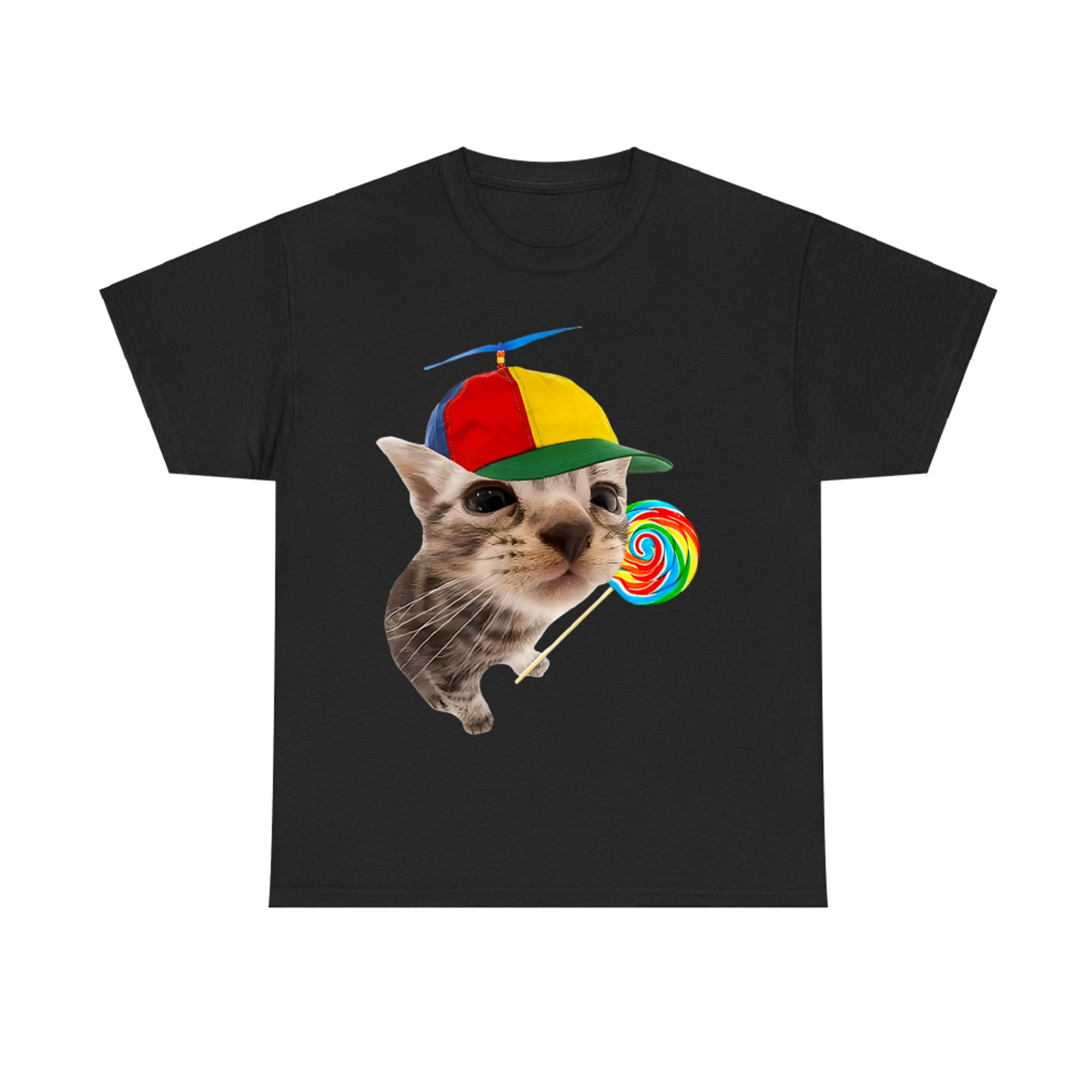 Silly Cat With Rainbow Lollipop Propeller Hat Meme T-Shirt