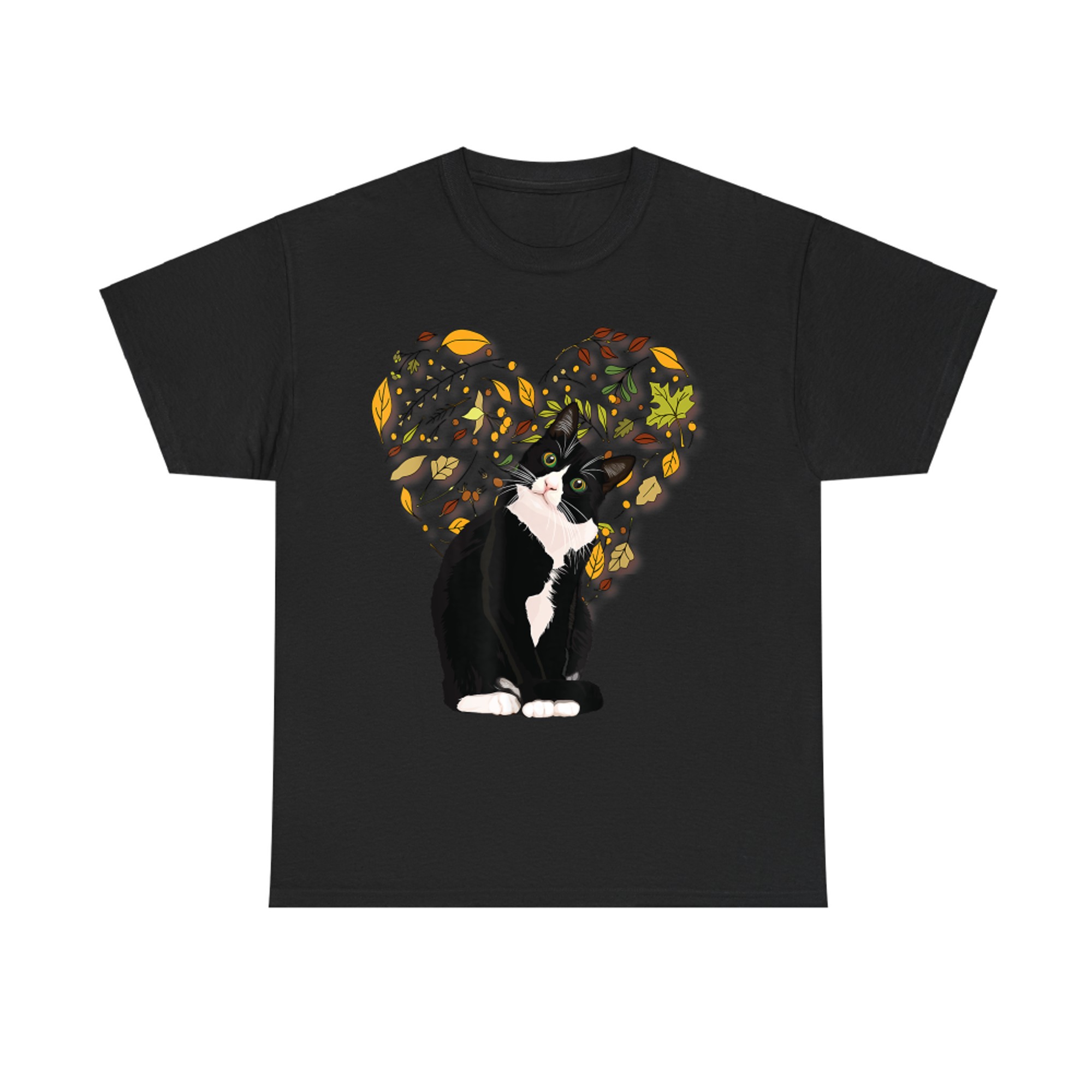 Tuxedo Cat with Autumn Leaves Heart Black and White Fall T-Shirt