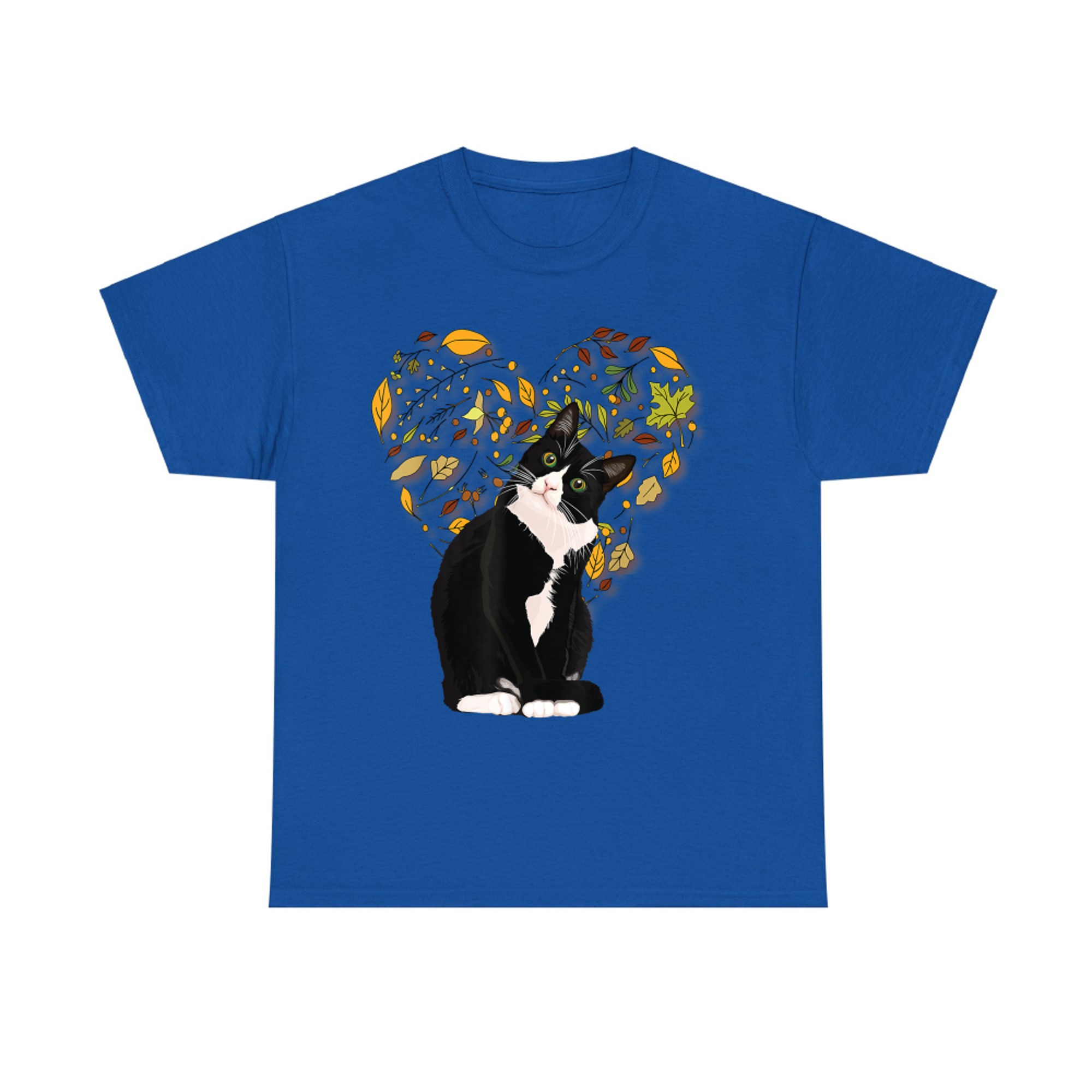 Tuxedo Cat with Autumn Leaves Heart Black and White Fall T-Shirt