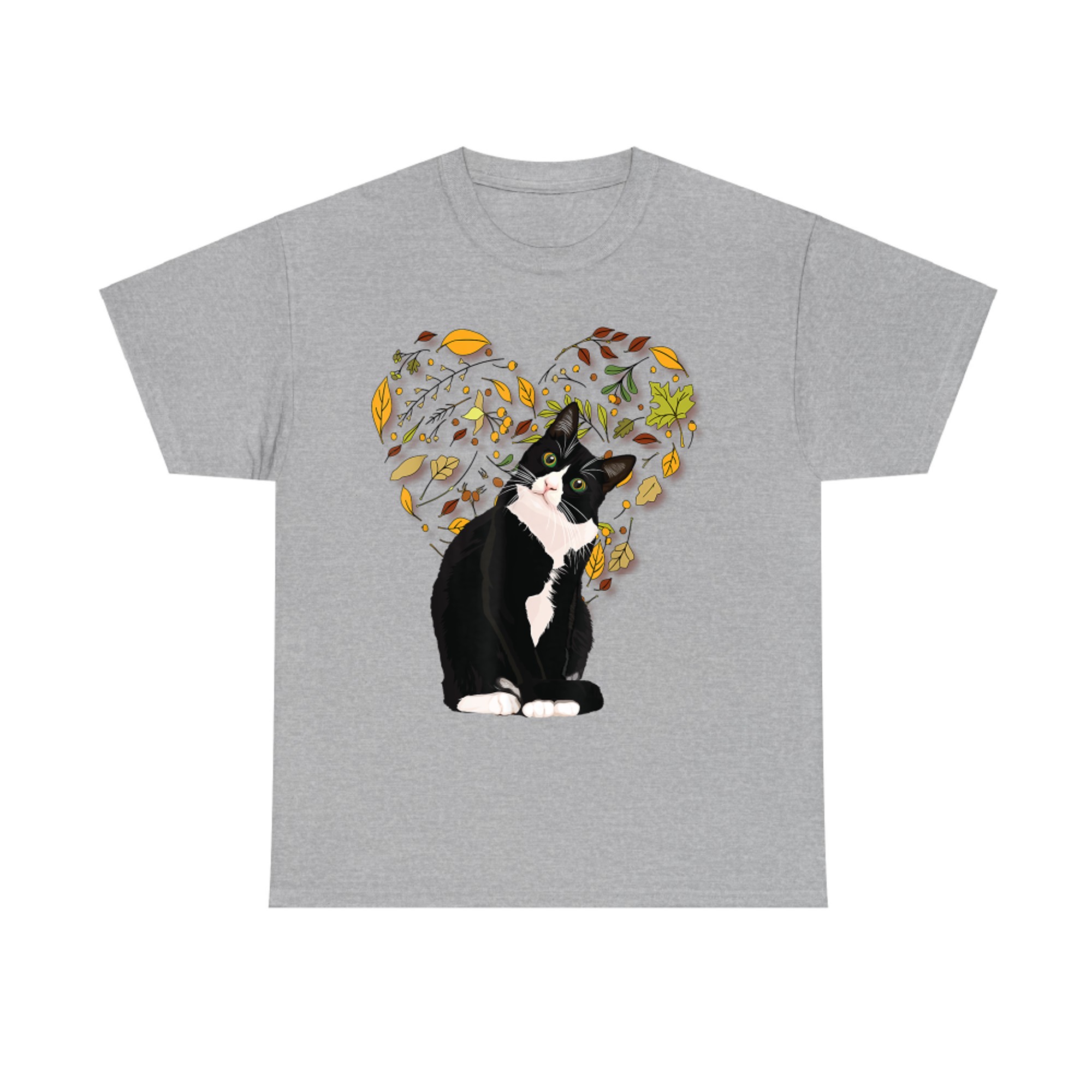 Tuxedo Cat with Autumn Leaves Heart Black and White Fall T-Shirt
