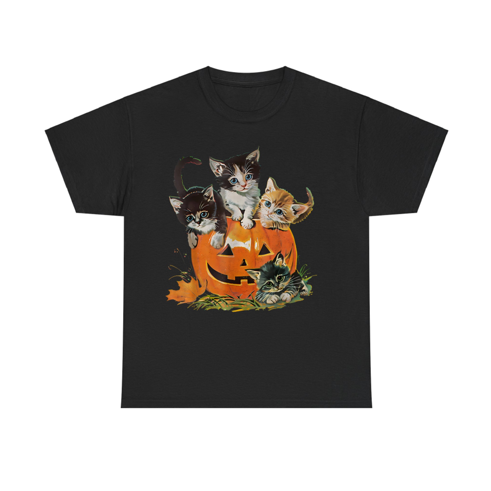 Vintage 90s Cat Pumpkin Halloween Retro Floral Spooky Season T-Shirt