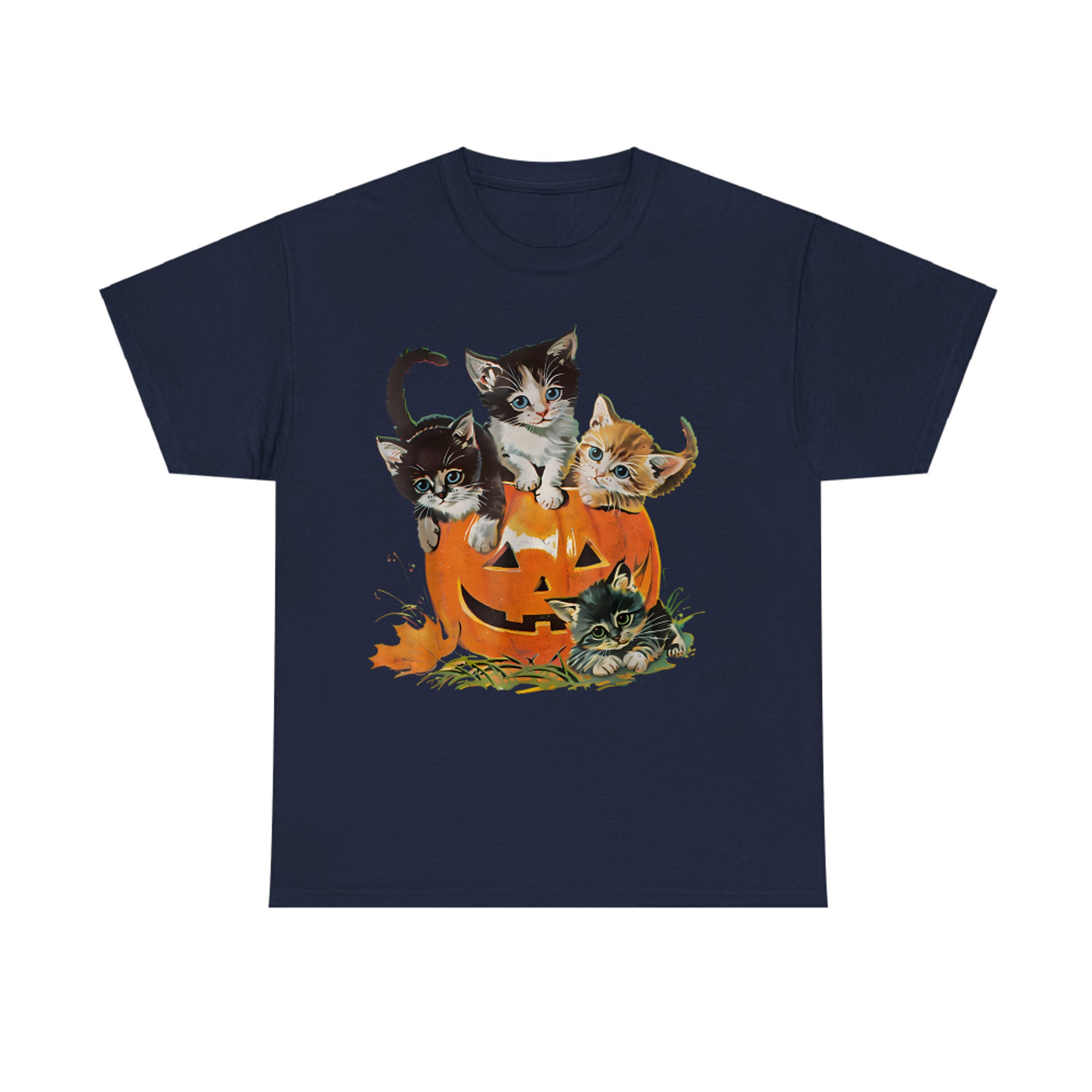 Vintage 90s Cat Pumpkin Halloween Retro Floral Spooky Season T-Shirt