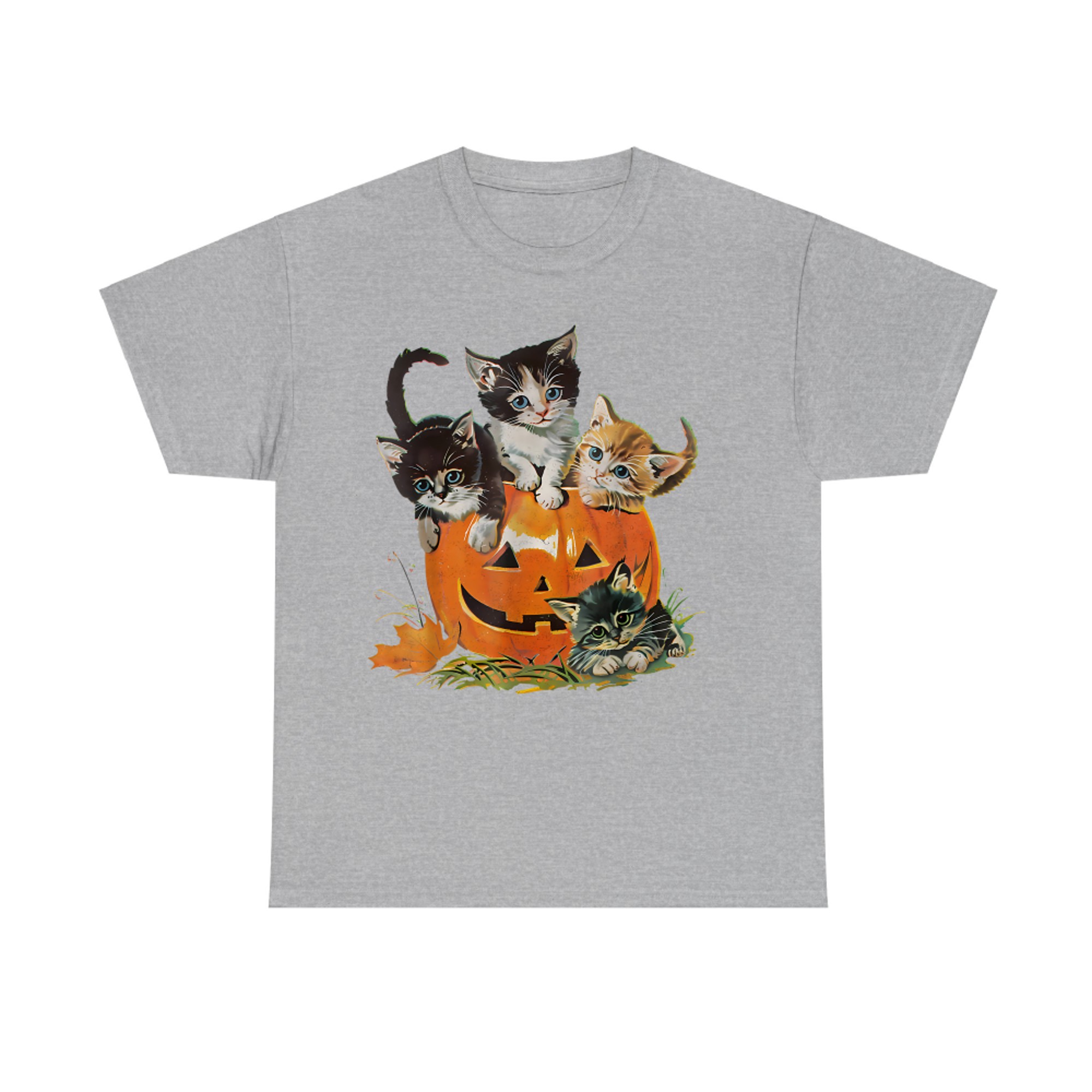 Vintage 90s Cat Pumpkin Halloween Retro Floral Spooky Season T-Shirt