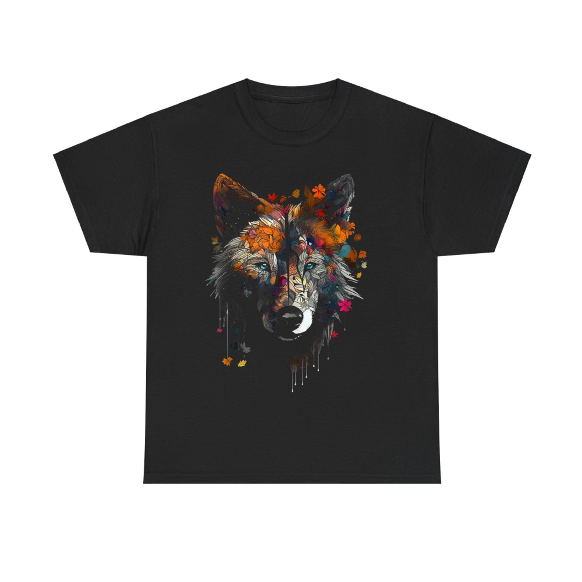Wolf Autumn Leaves Blue Eyes Animal Art Motif Wolf T-Shirt
