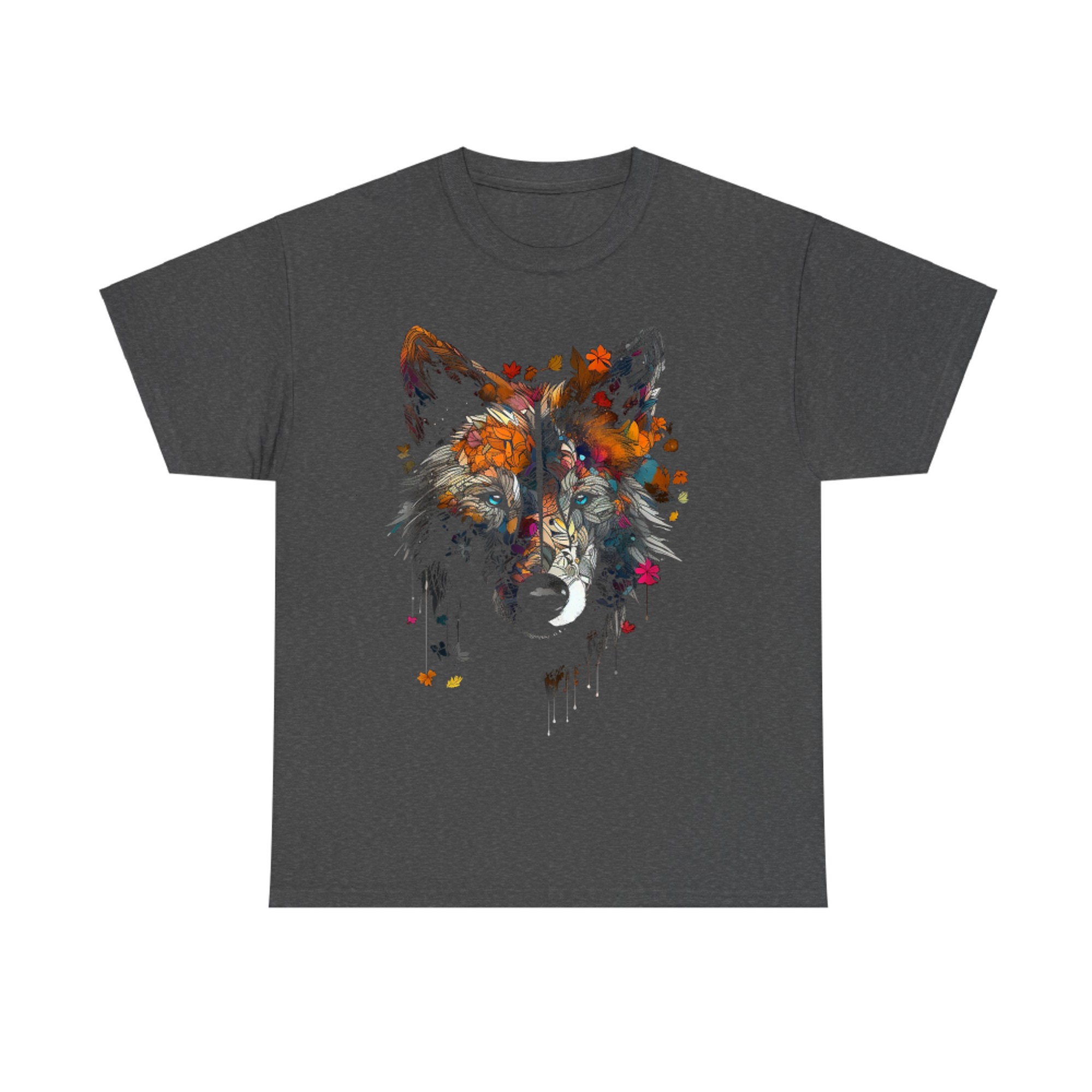 Wolf Autumn Leaves Blue Eyes Animal Art Motif Wolf T-Shirt