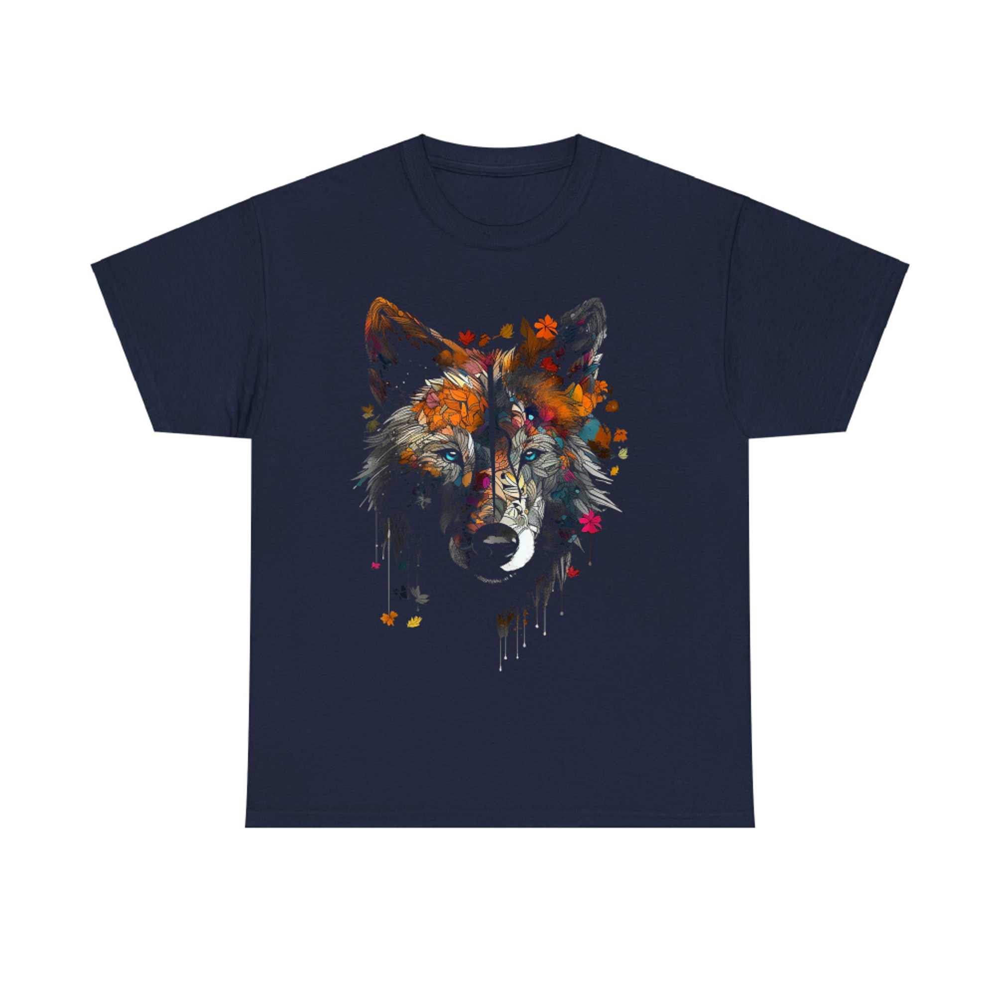 Wolf Autumn Leaves Blue Eyes Animal Art Motif Wolf T-Shirt