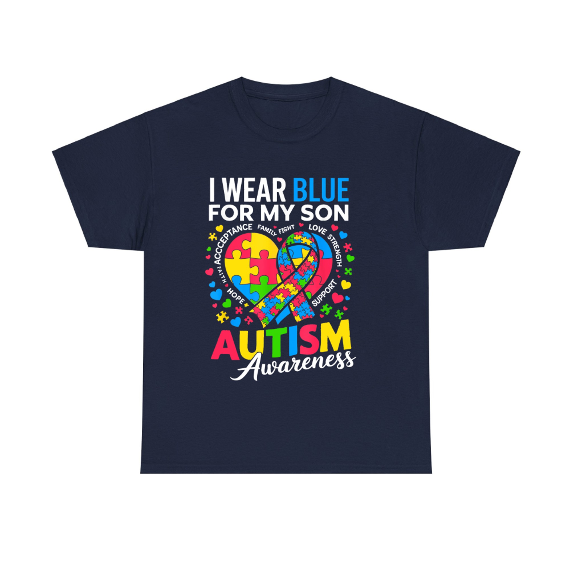 I Wear Blue For My Son Autism Awareness Puzzle Heart T-Shirt