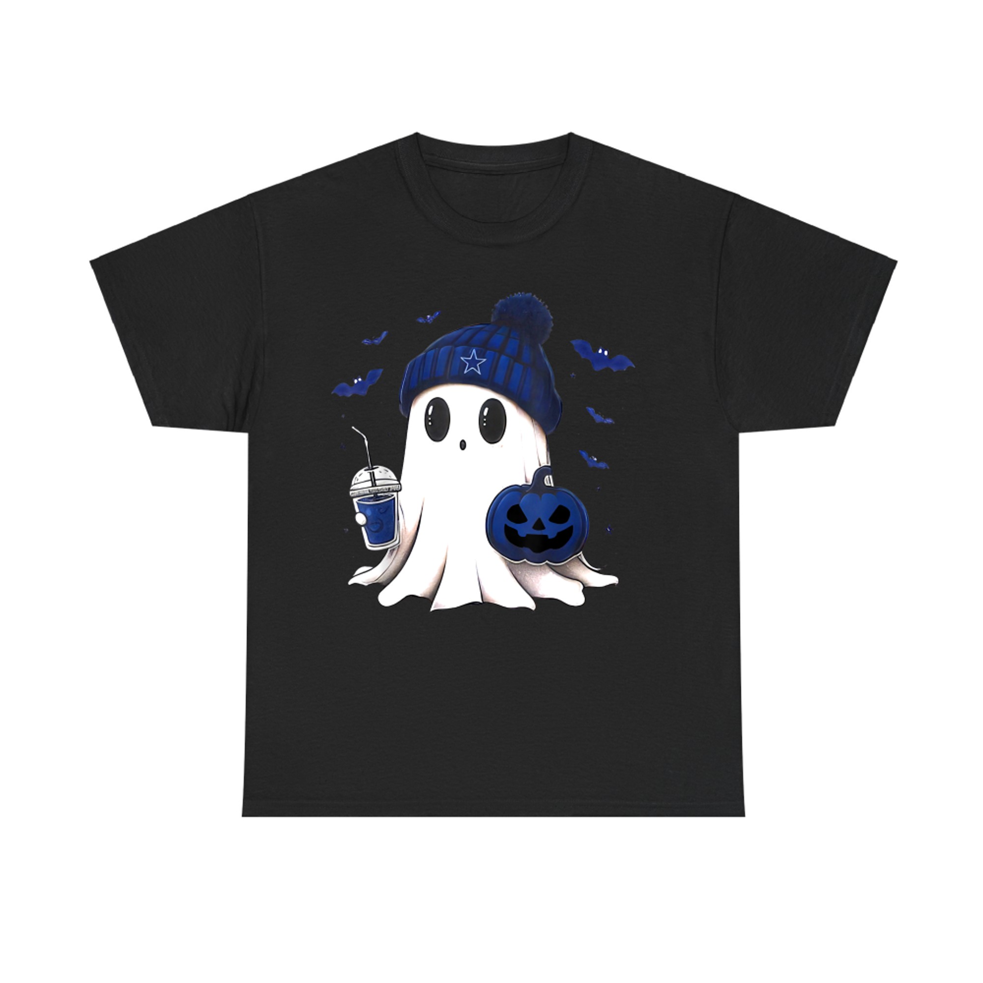 Cute Ghost with Blue Beanie Halloween Pumpkin Drink T-Shirt