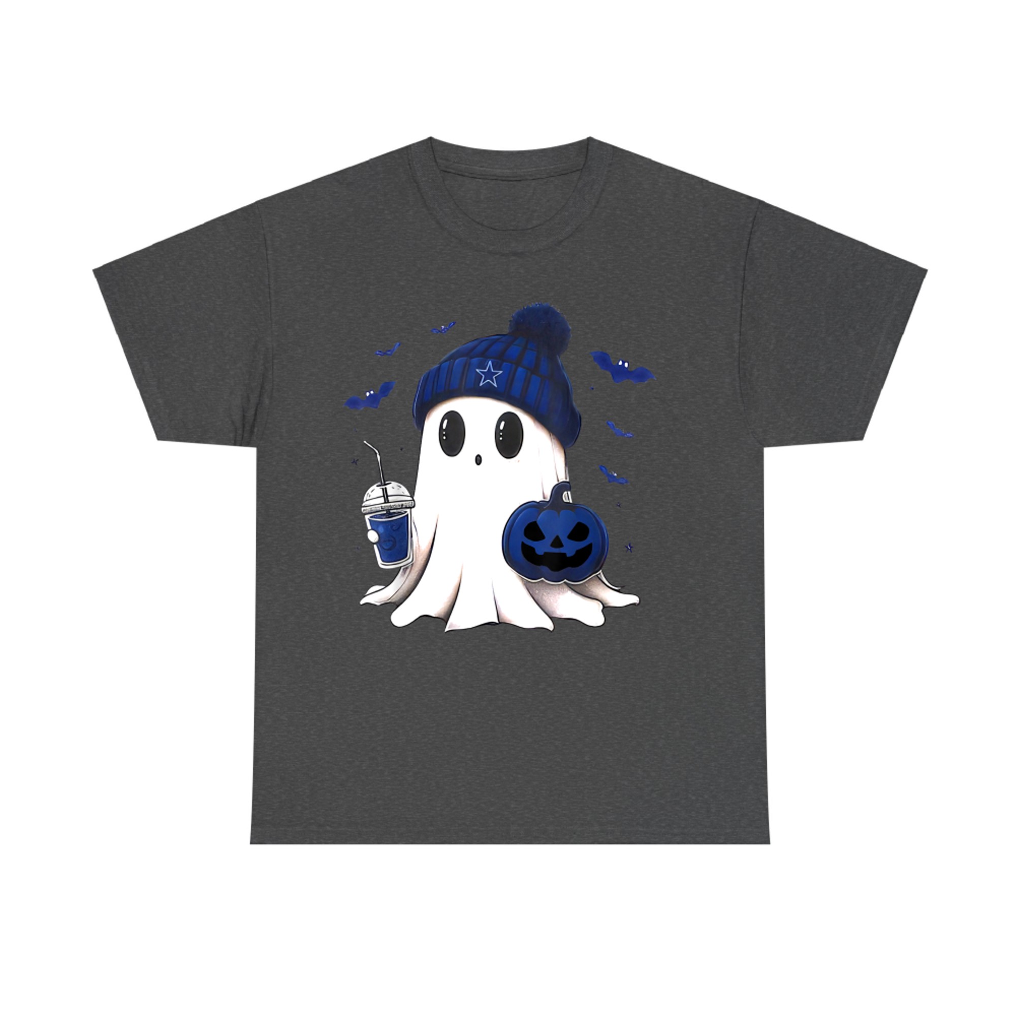 Cute Ghost with Blue Beanie Halloween Pumpkin Drink T-Shirt
