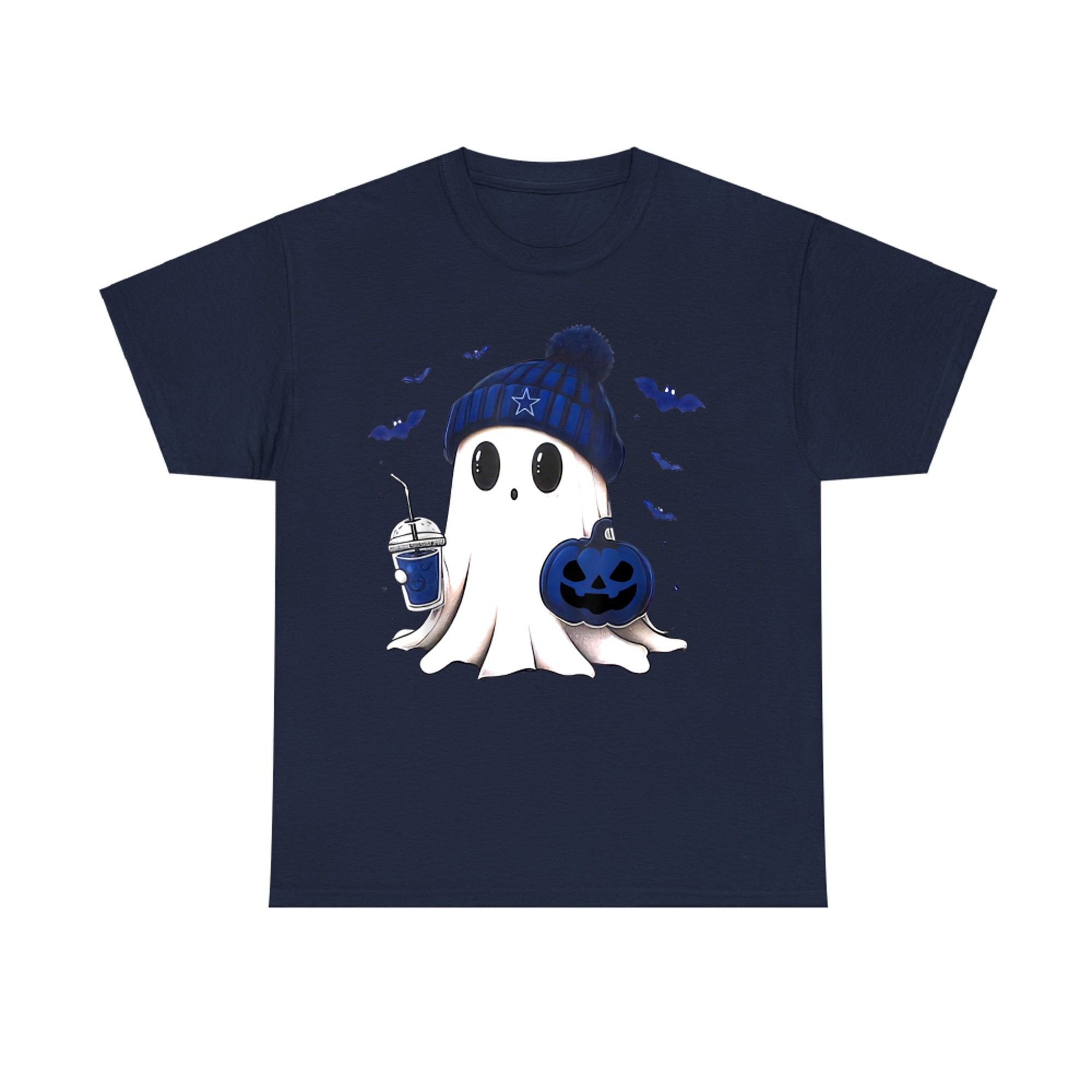 Cute Ghost with Blue Beanie Halloween Pumpkin Drink T-Shirt