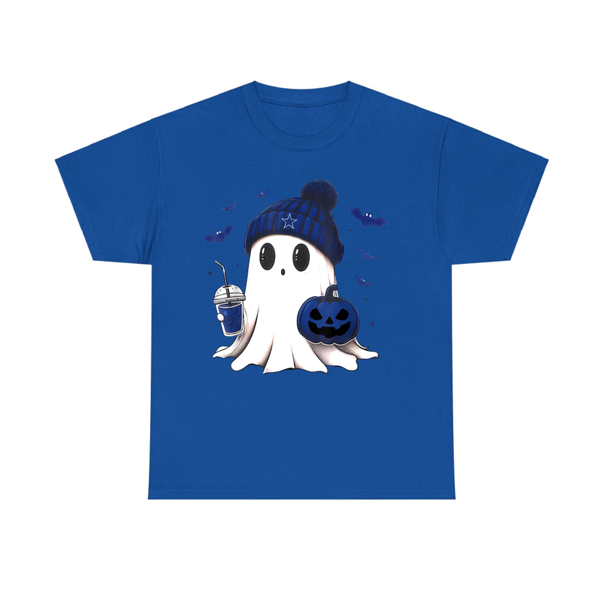 Cute Ghost with Blue Beanie Halloween Pumpkin Drink T-Shirt
