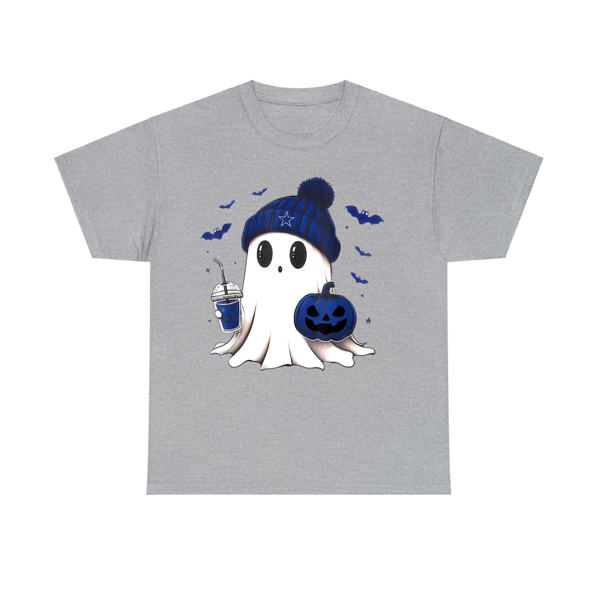 Cute Ghost with Blue Beanie Halloween Pumpkin Drink T-Shirt