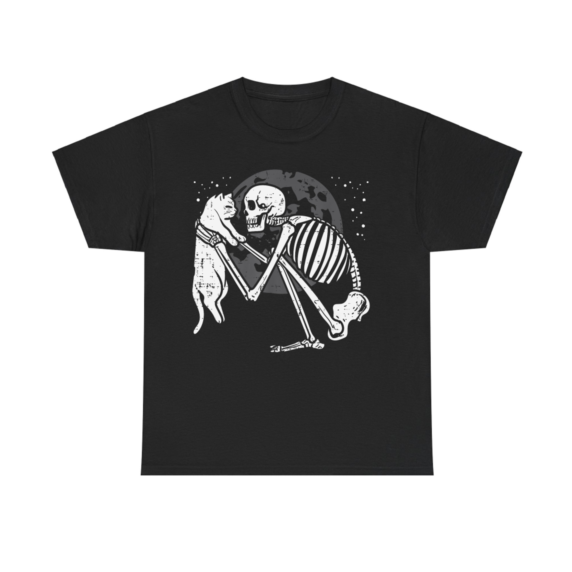 Skeleton and Cat Moonlight Hug Gothic Halloween T-Shirt