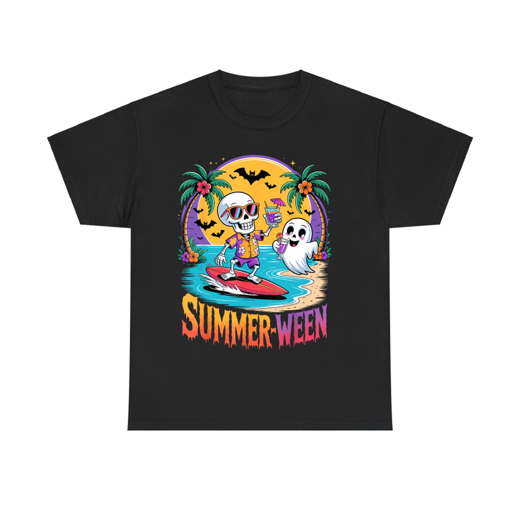 Summerween Skeleton Surfing Ghost Funny Halloween Beach T-Shirt