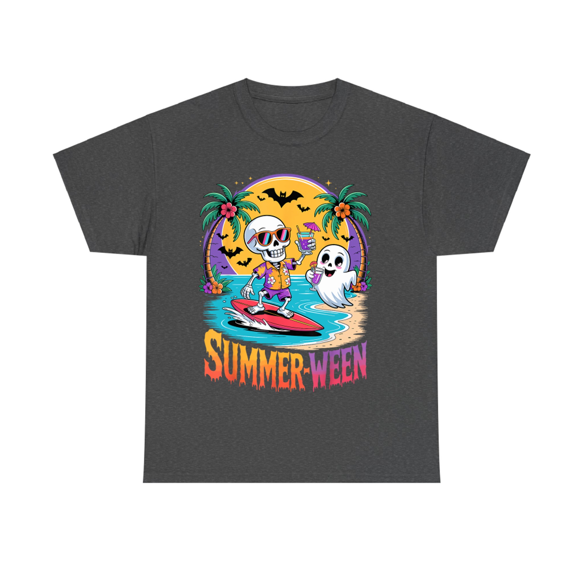 Summerween Skeleton Surfing Ghost Funny Halloween Beach T-Shirt