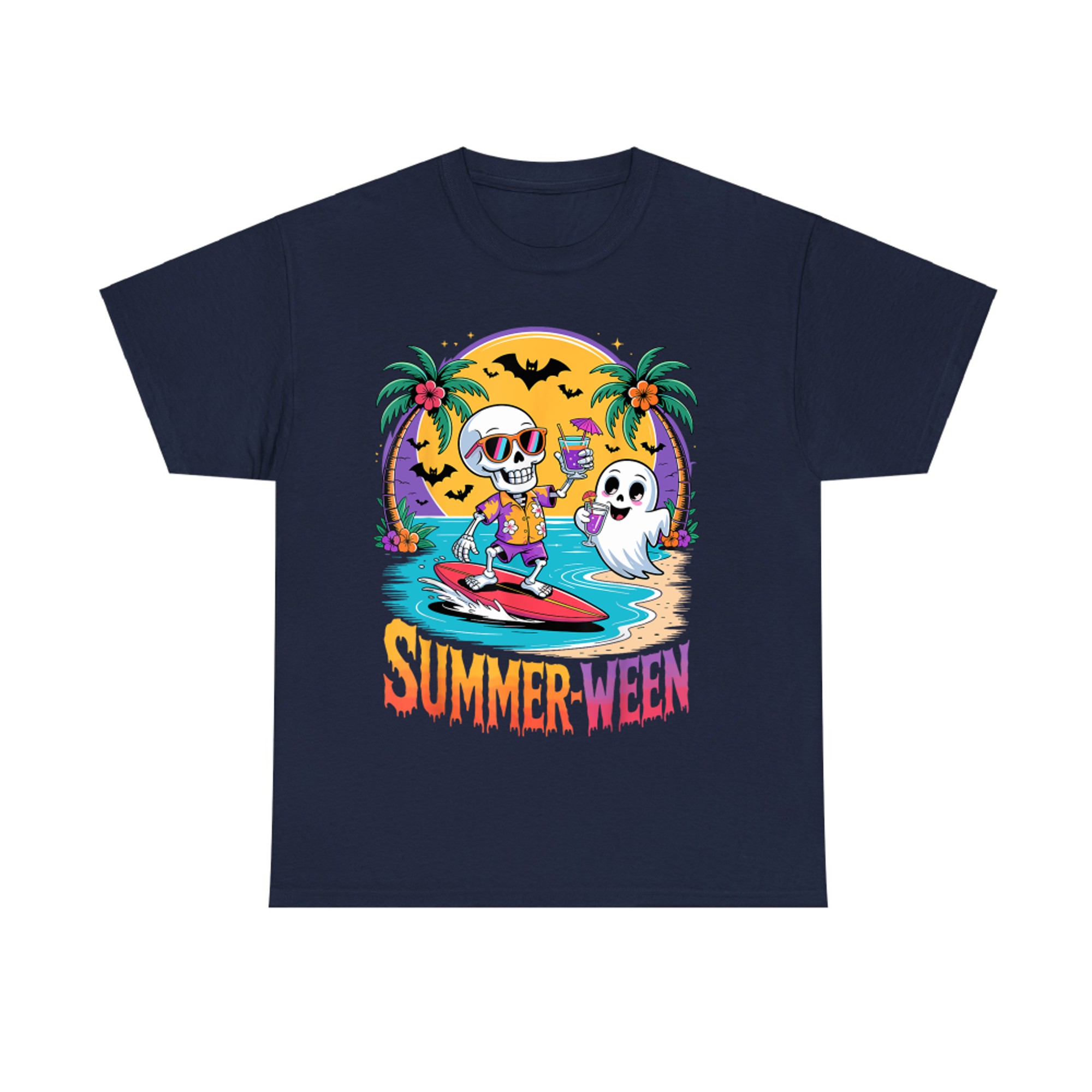 Summerween Skeleton Surfing Ghost Funny Halloween Beach T-Shirt