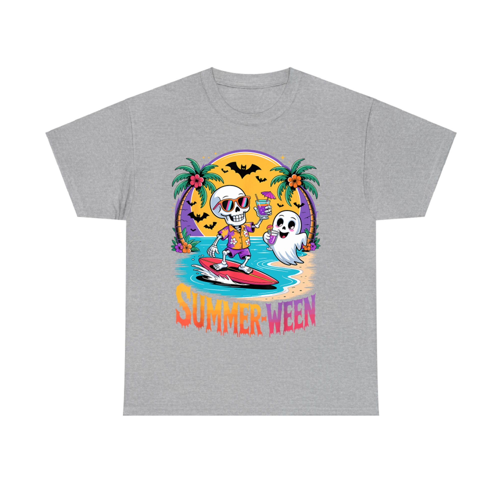 Summerween Skeleton Surfing Ghost Funny Halloween Beach T-Shirt