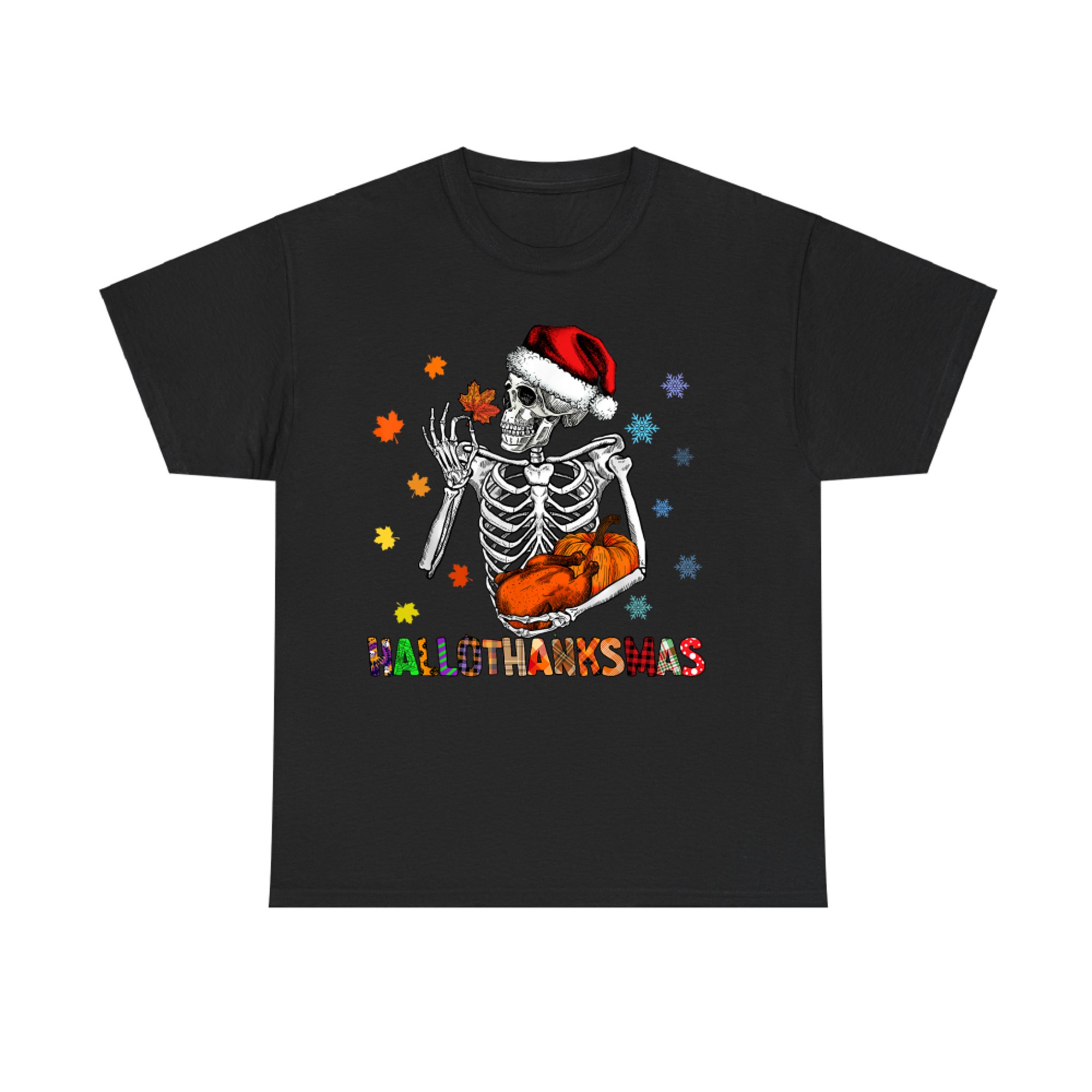 Hallothanksmas Funny Skeleton Pumpkin Halloween Thanksgiving Christmas T-Shirt