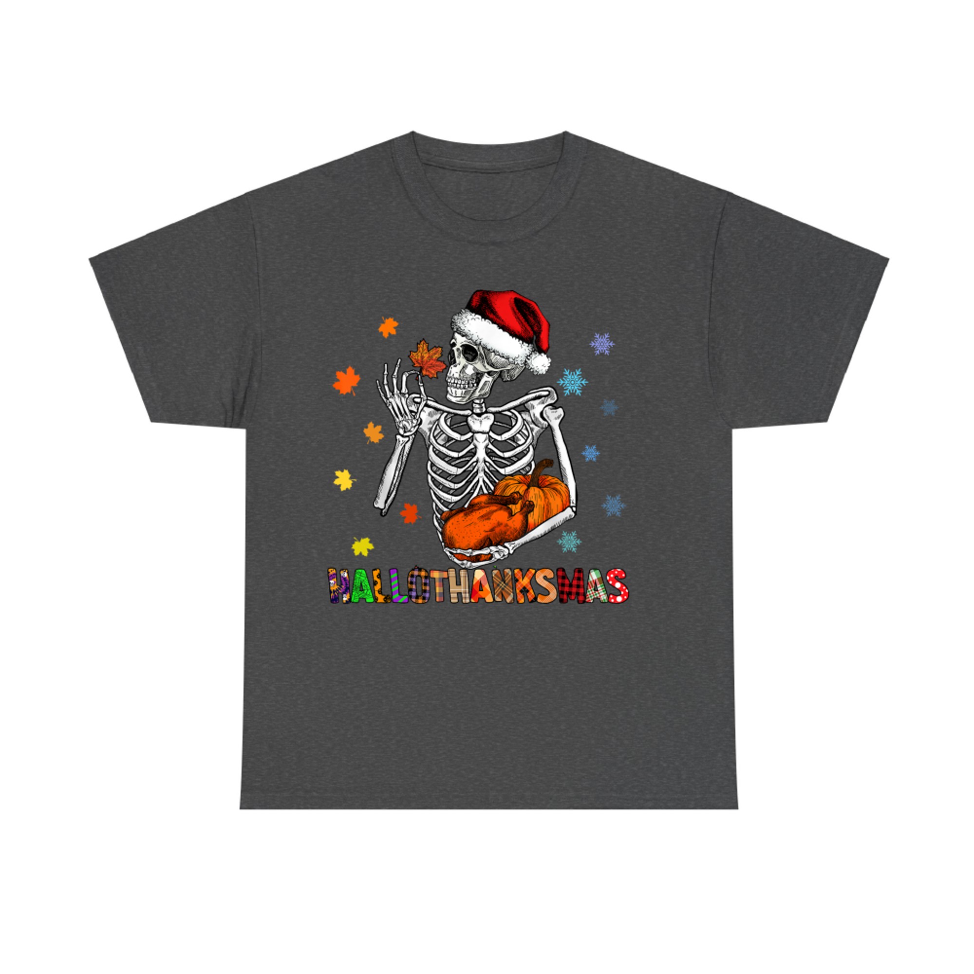 Hallothanksmas Funny Skeleton Pumpkin Halloween Thanksgiving Christmas T-Shirt