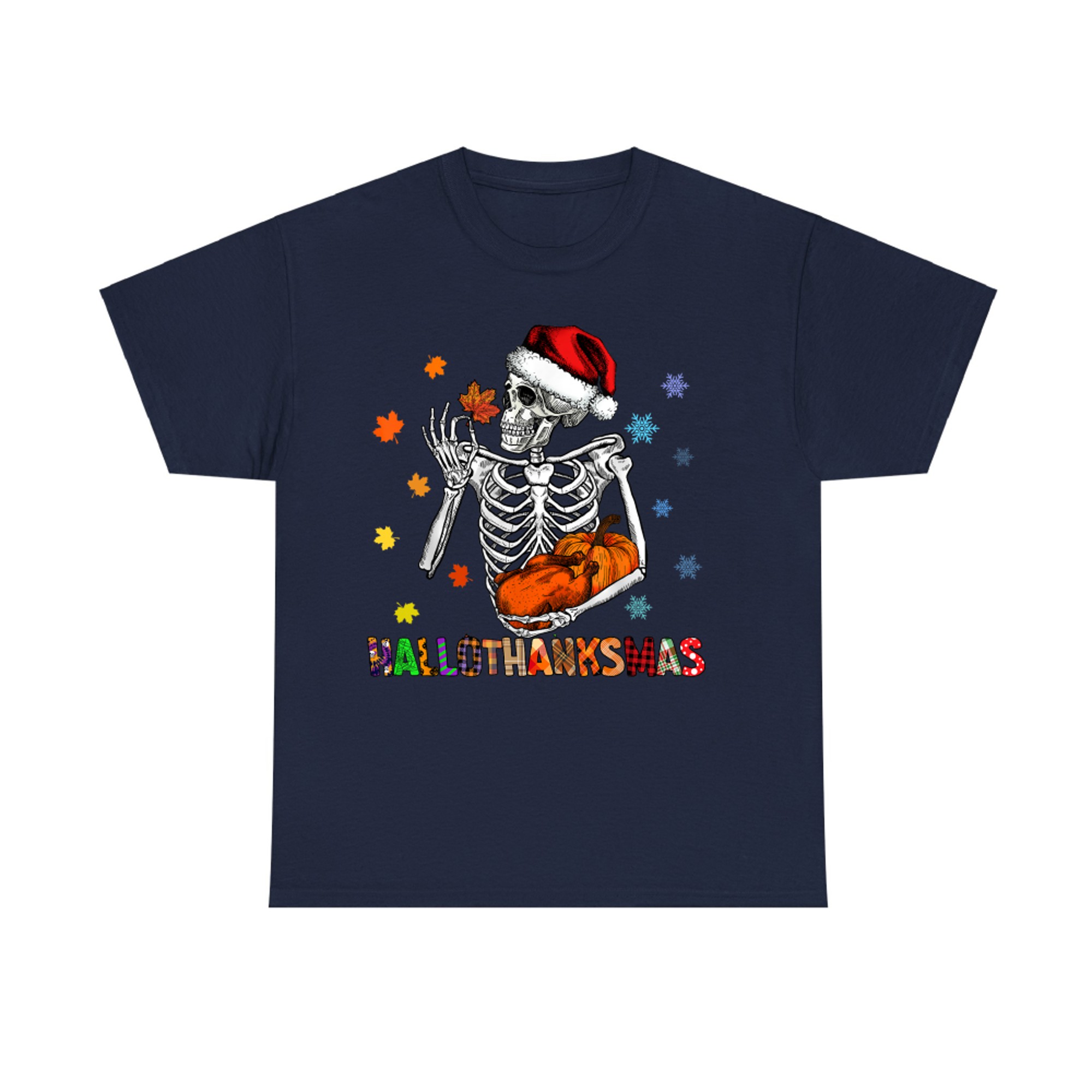 Hallothanksmas Funny Skeleton Pumpkin Halloween Thanksgiving Christmas T-Shirt