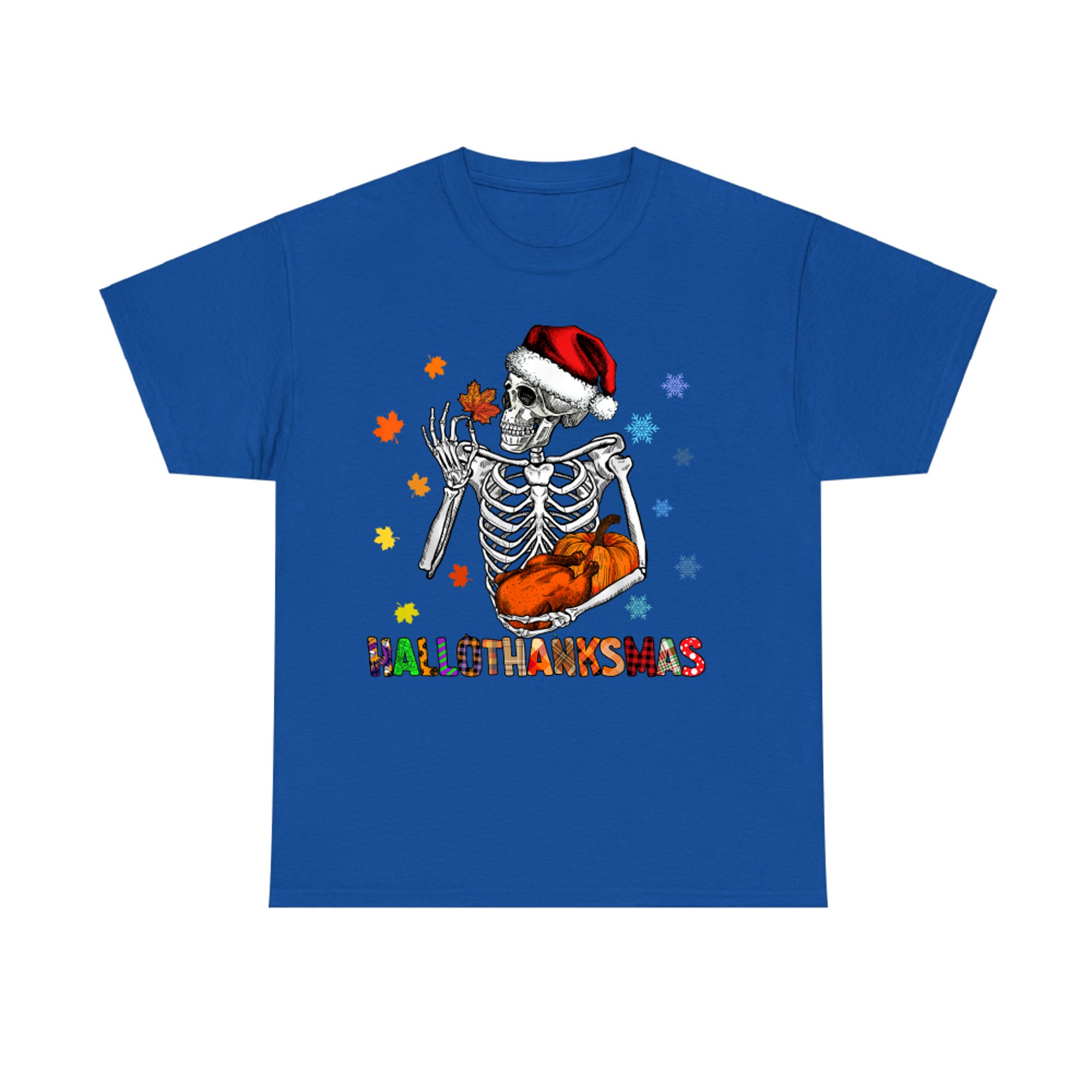 Hallothanksmas Funny Skeleton Pumpkin Halloween Thanksgiving Christmas T-Shirt