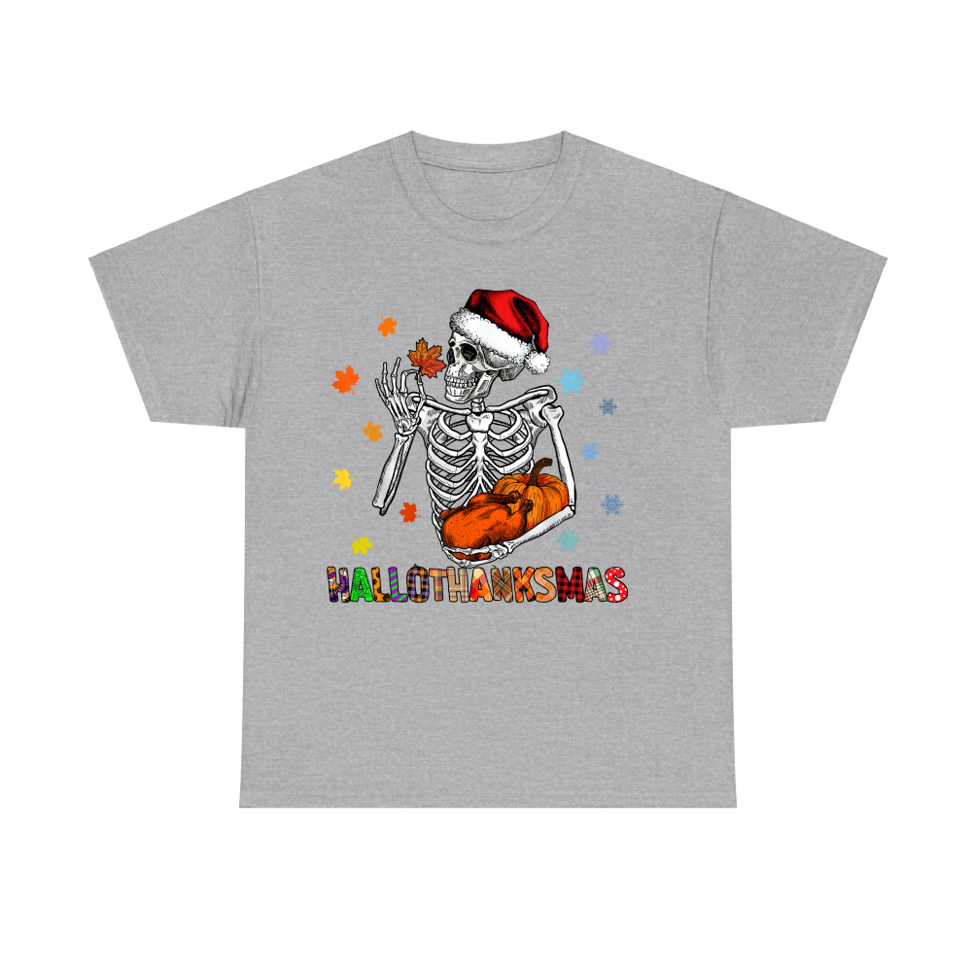 Hallothanksmas Funny Skeleton Pumpkin Halloween Thanksgiving Christmas T-Shirt