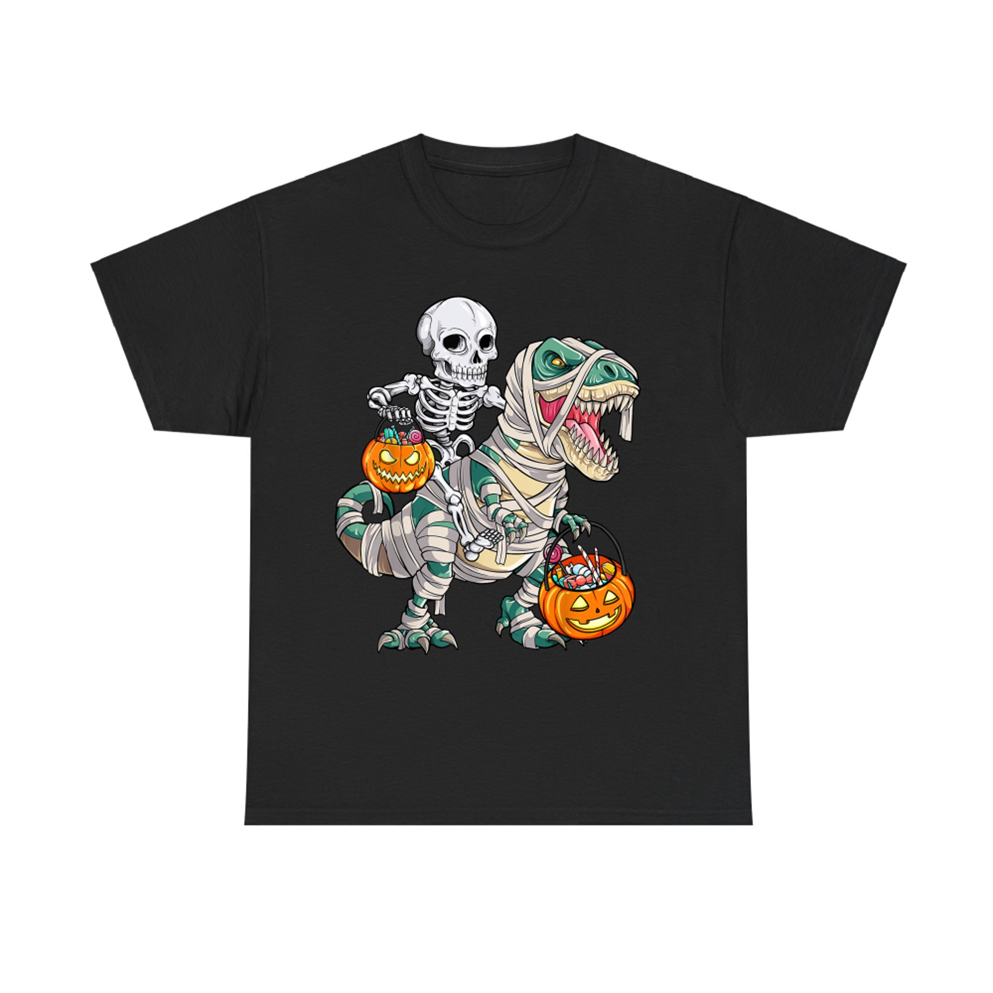 Skeleton Riding Mummy T-Rex Funny Halloween Candy Funny Pumpkin T-Shirt
