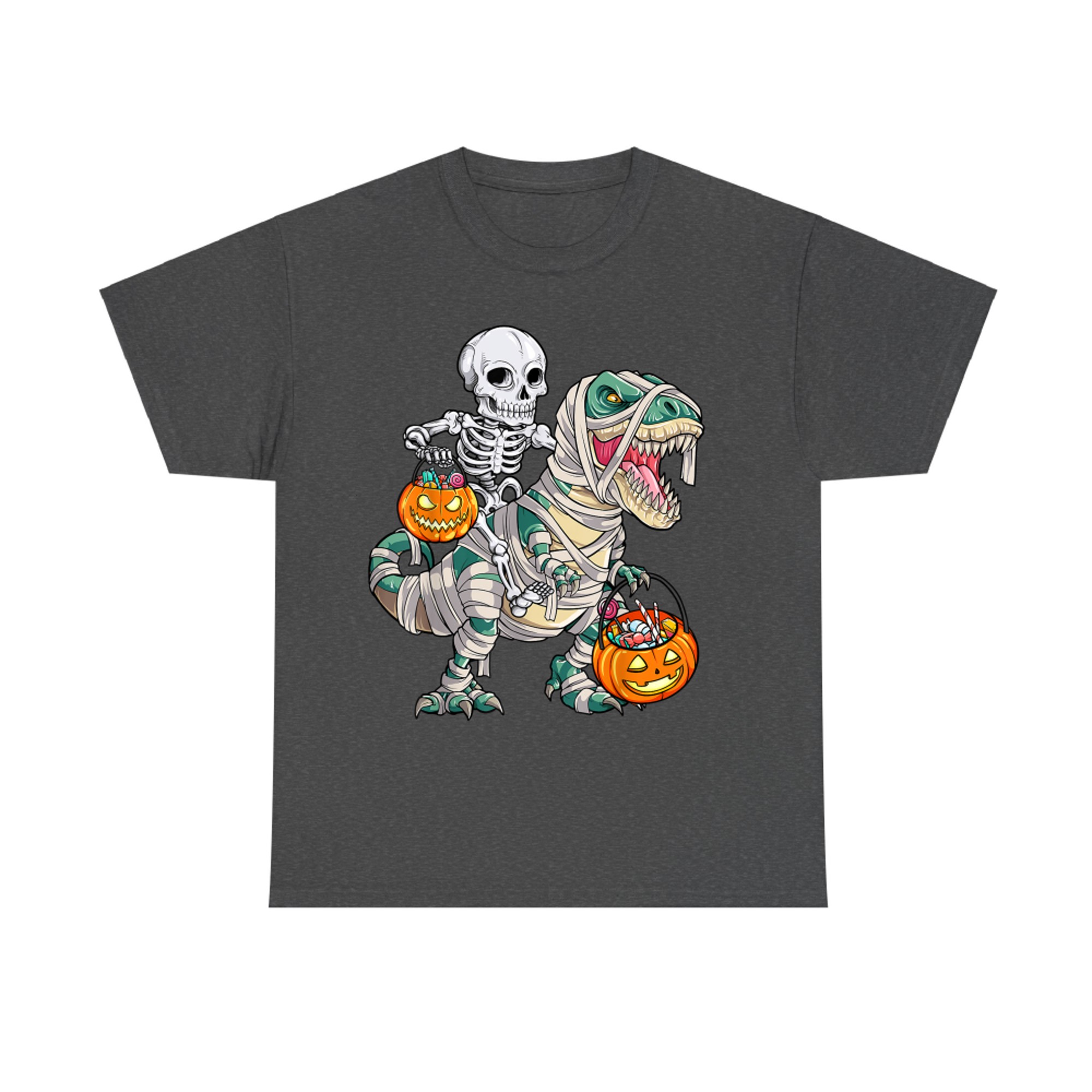 Skeleton Riding Mummy T-Rex Funny Halloween Candy Funny Pumpkin T-Shirt