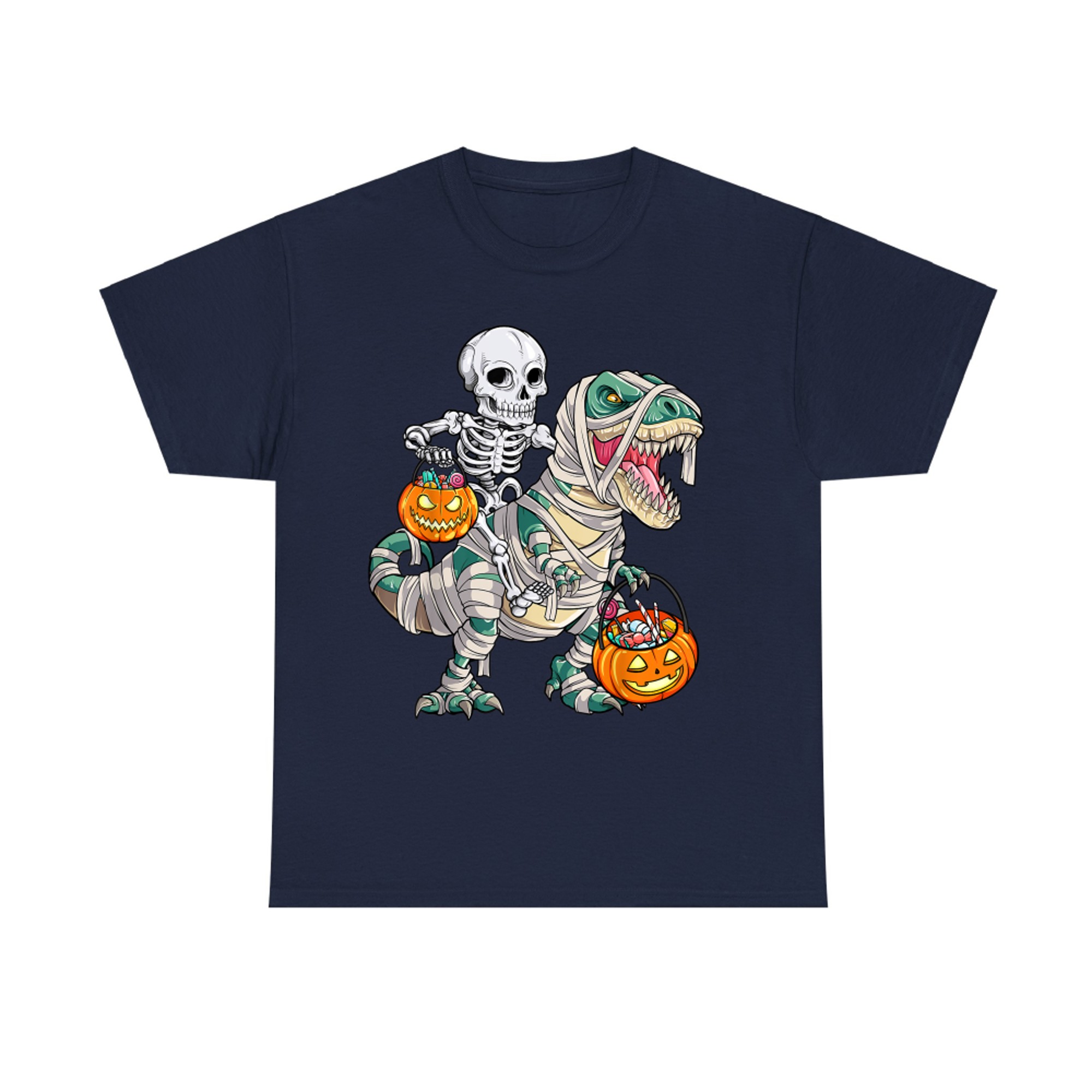 Skeleton Riding Mummy T-Rex Funny Halloween Candy Funny Pumpkin T-Shirt
