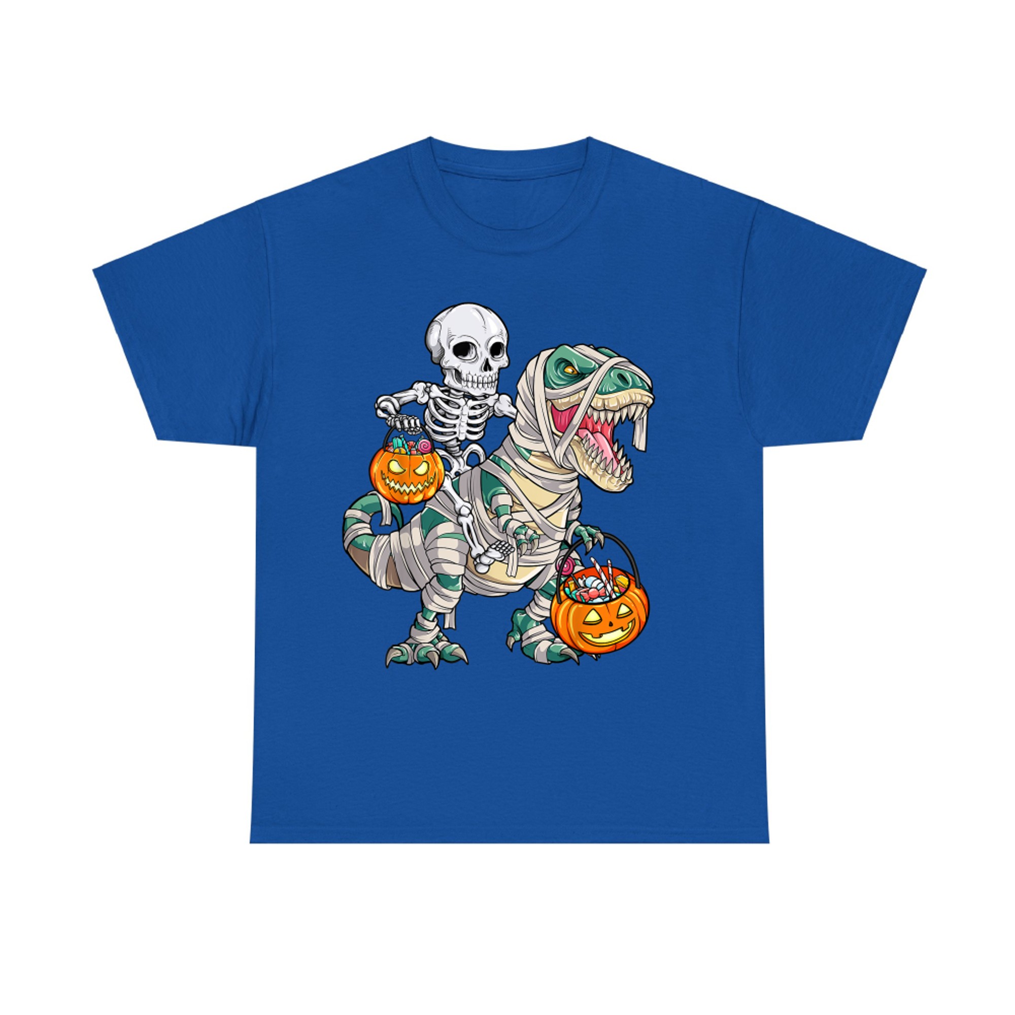 Skeleton Riding Mummy T-Rex Funny Halloween Candy Funny Pumpkin T-Shirt