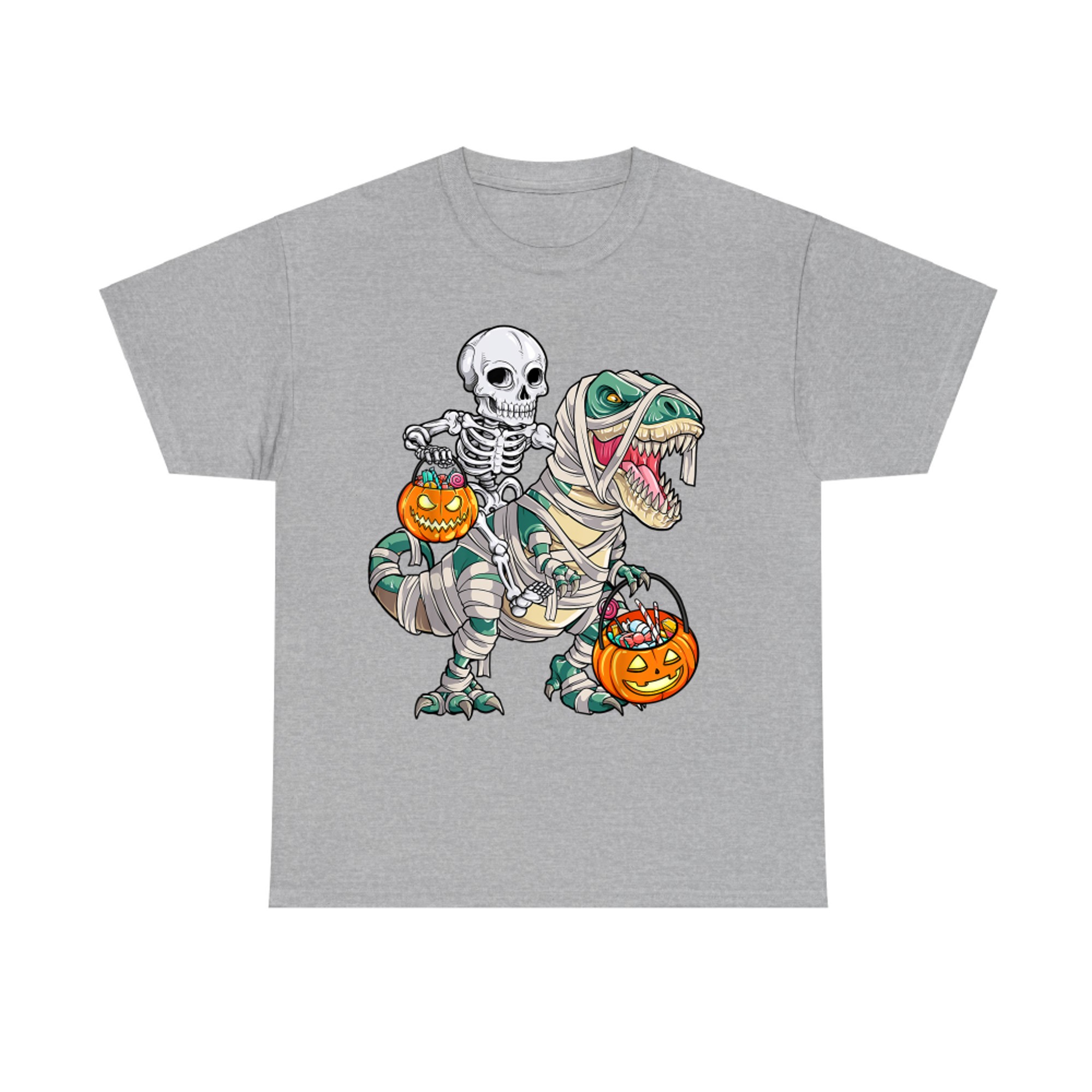 Skeleton Riding Mummy T-Rex Funny Halloween Candy Funny Pumpkin T-Shirt