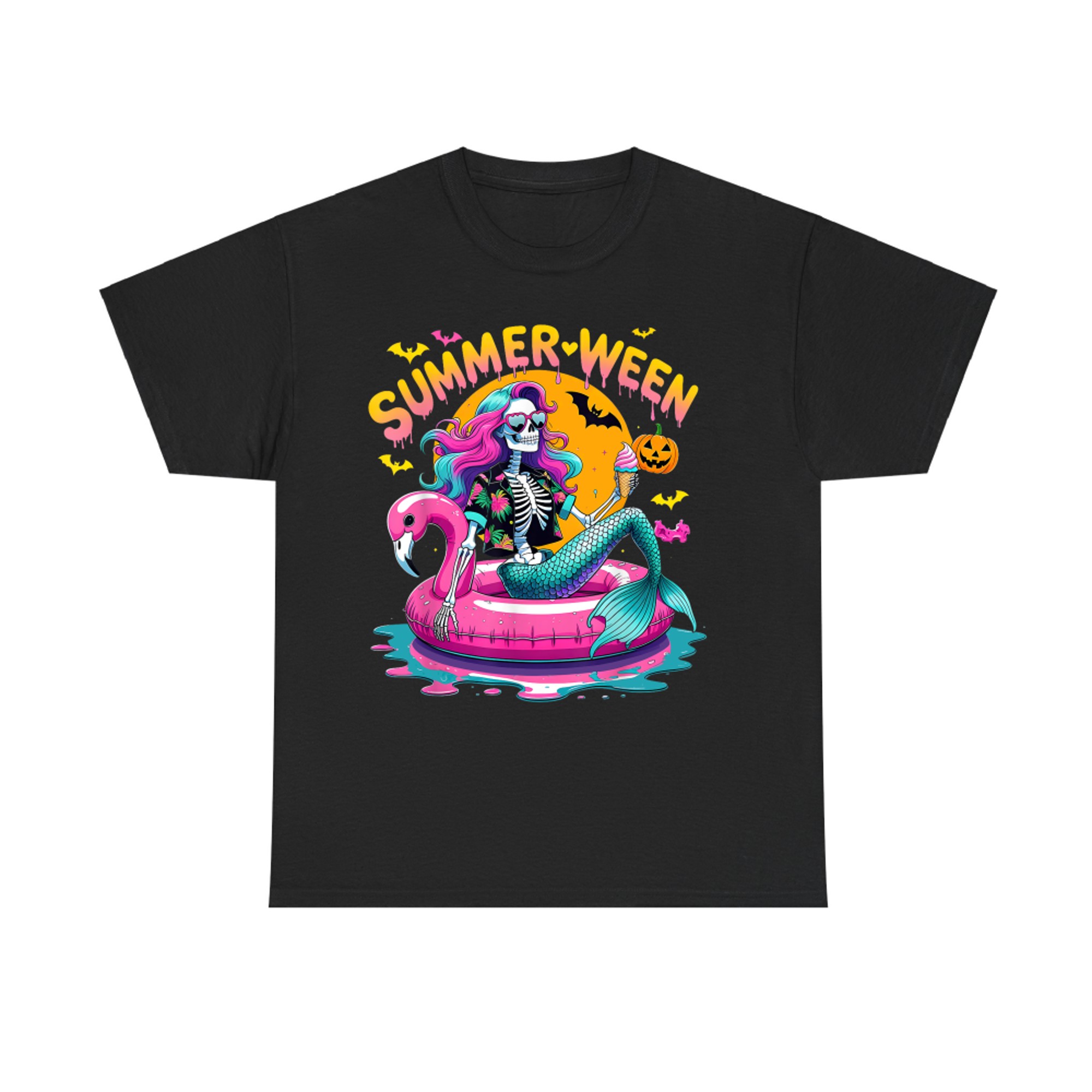 Summerween Halloween Mermaid Skeleton on Flamingo Pool Float T-Shirt