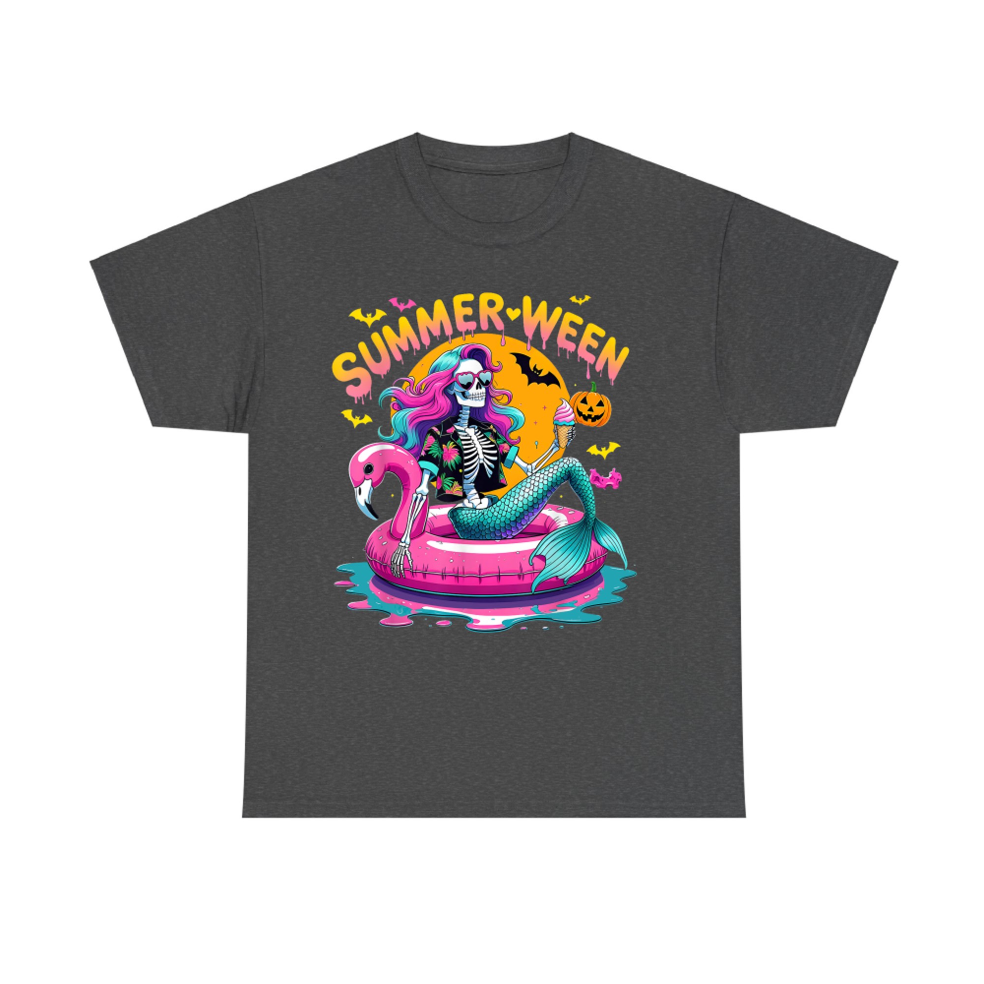 Summerween Halloween Mermaid Skeleton on Flamingo Pool Float T-Shirt
