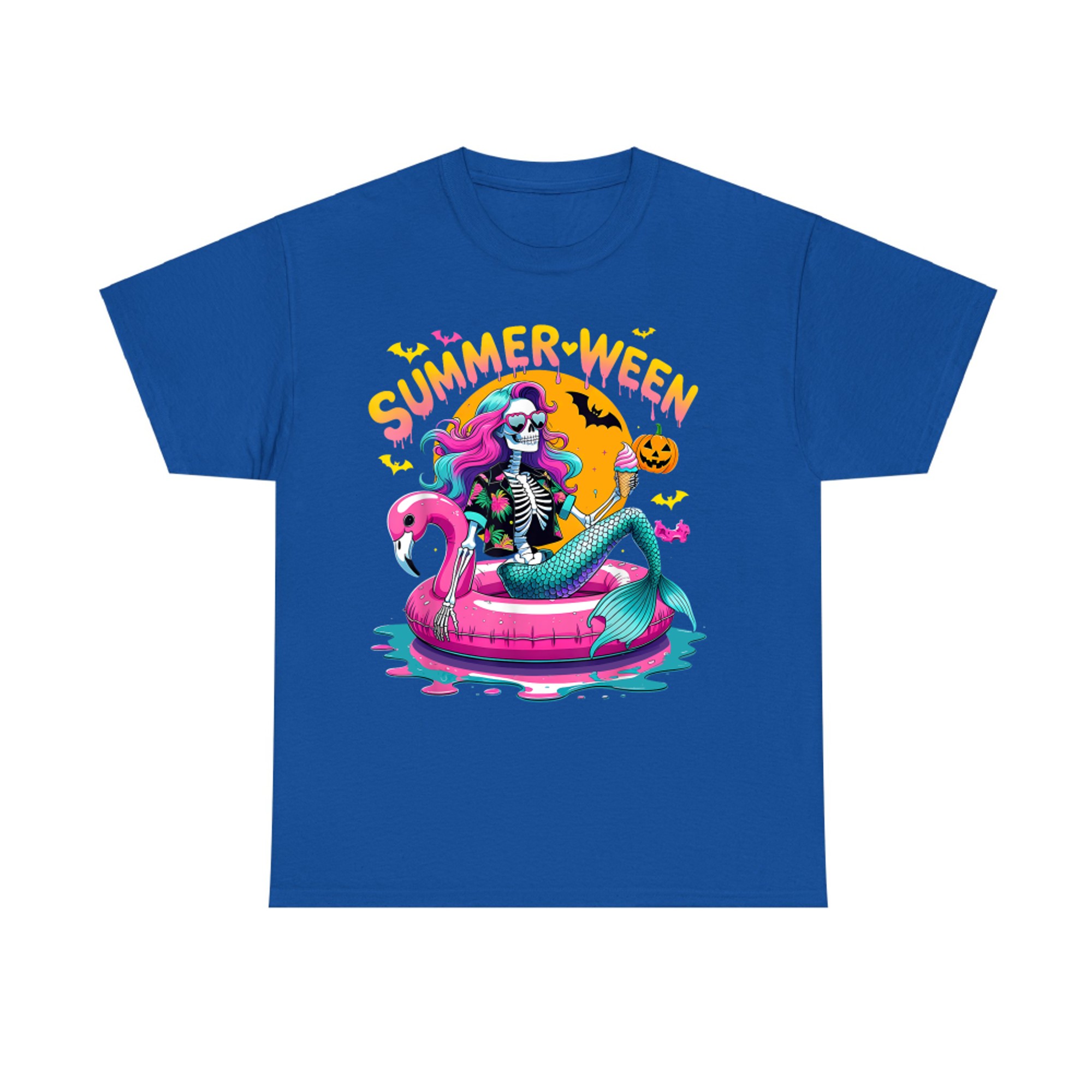 Summerween Halloween Mermaid Skeleton on Flamingo Pool Float T-Shirt
