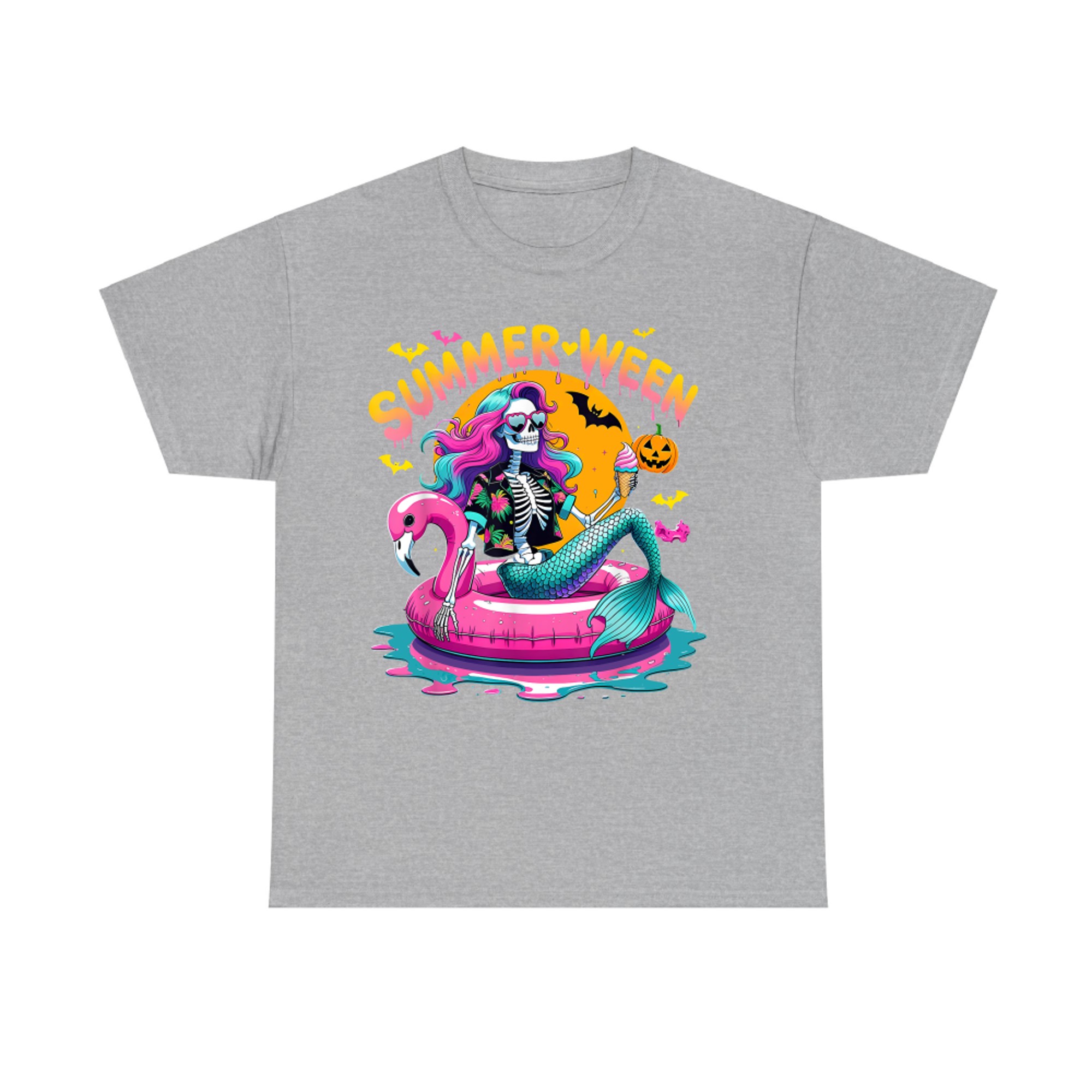 Summerween Halloween Mermaid Skeleton on Flamingo Pool Float T-Shirt