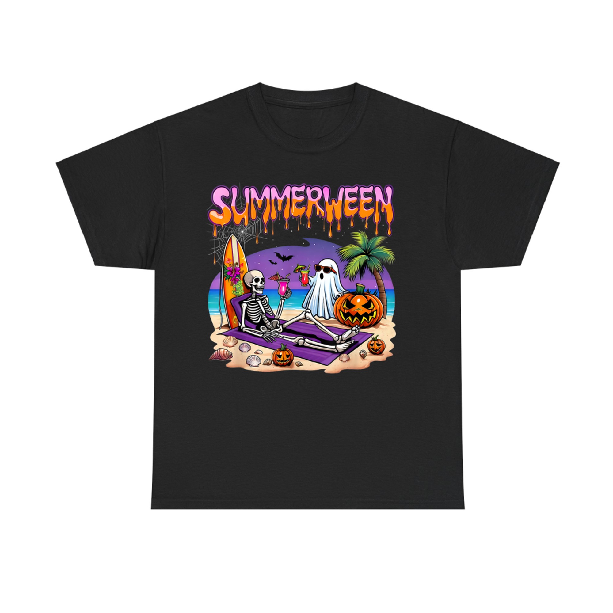Summerween Skeleton Ghost Cocktail Beach Funny Spooky Halloween T-Shirt