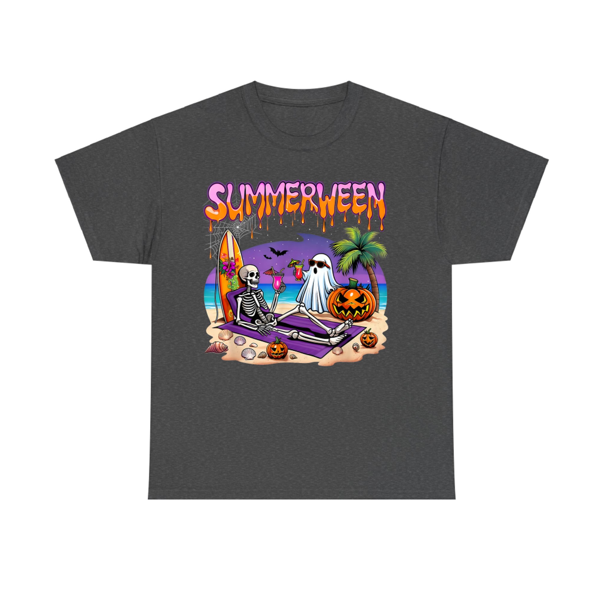 Summerween Skeleton Ghost Cocktail Beach Funny Spooky Halloween T-Shirt