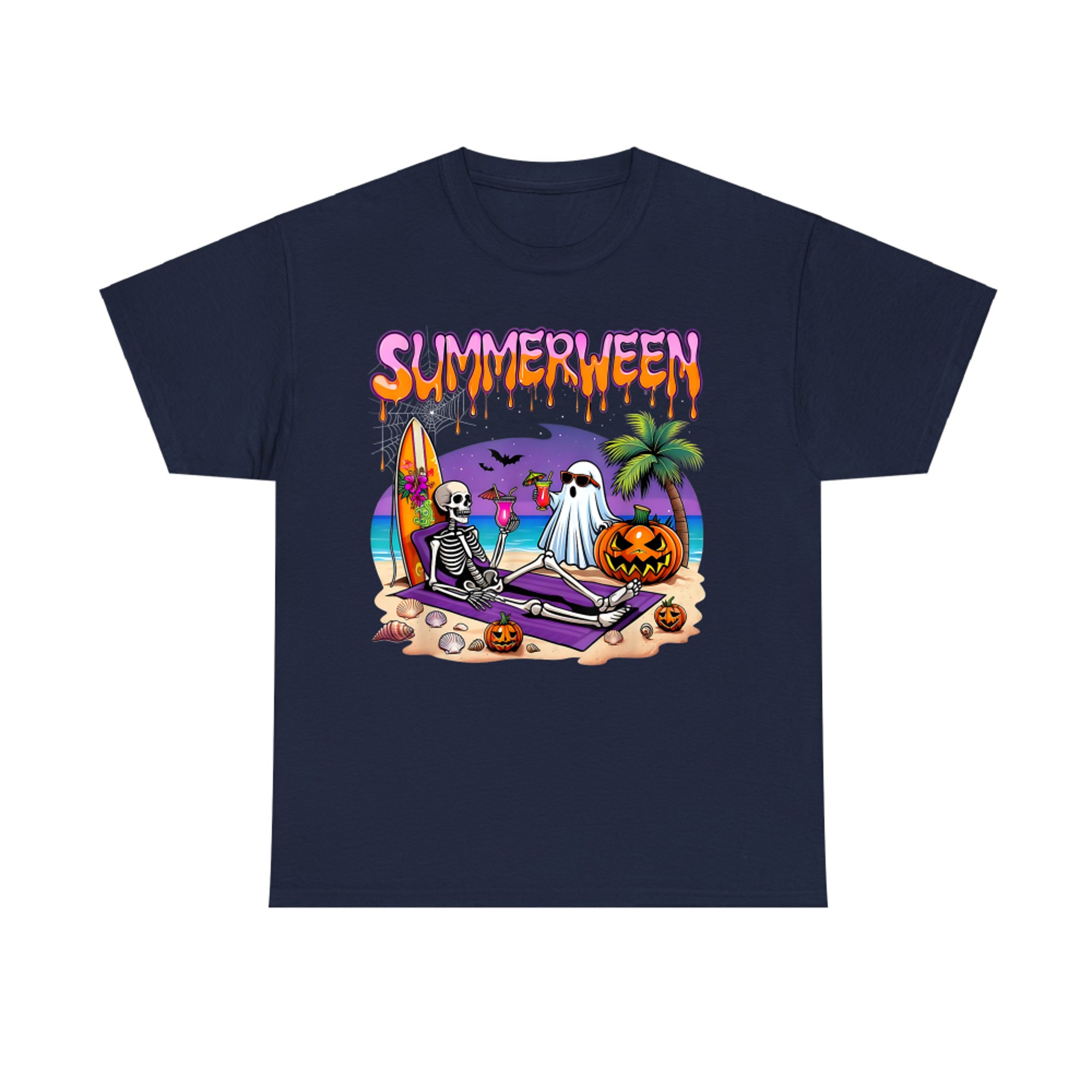 Summerween Skeleton Ghost Cocktail Beach Funny Spooky Halloween T-Shirt