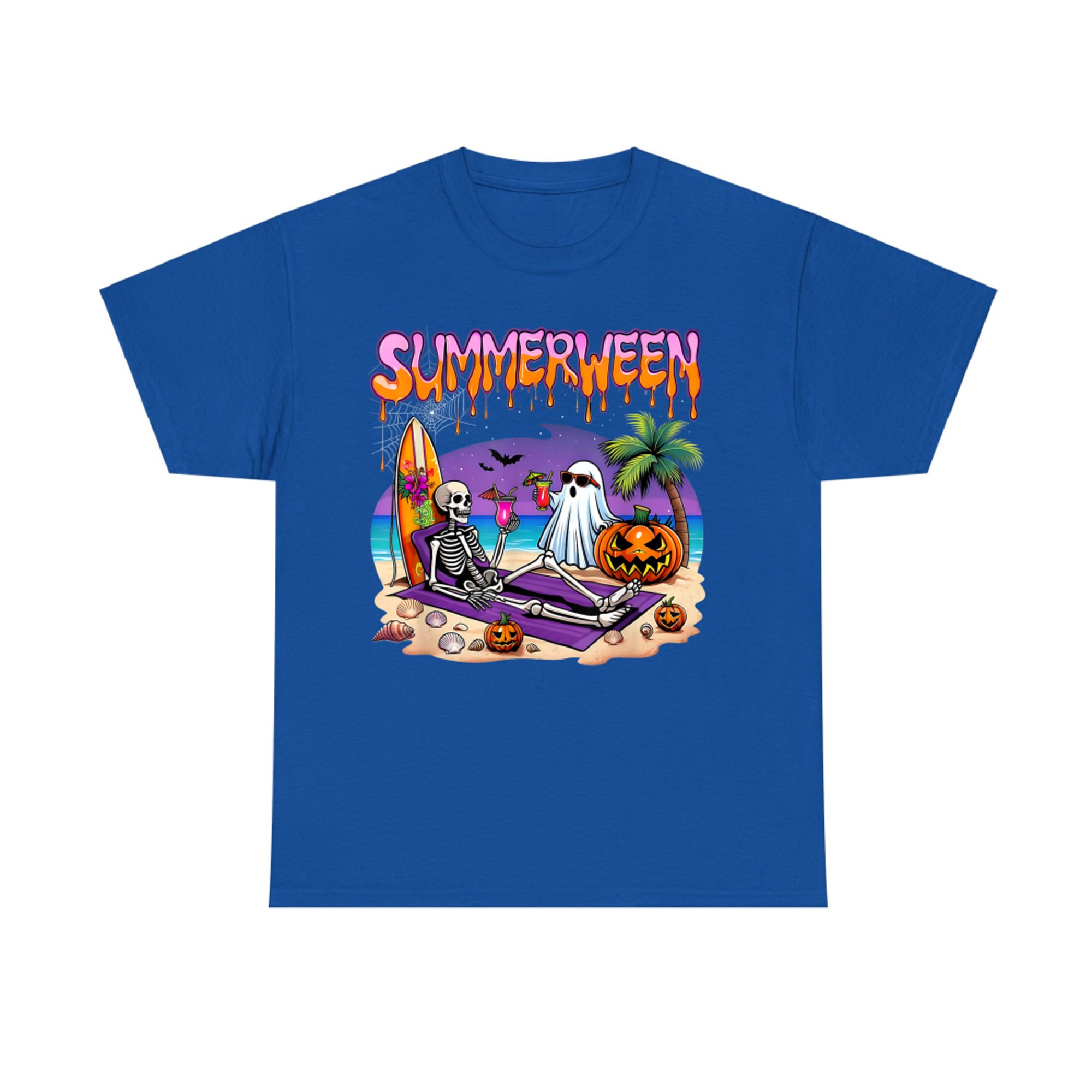 Summerween Skeleton Ghost Cocktail Beach Funny Spooky Halloween T-Shirt